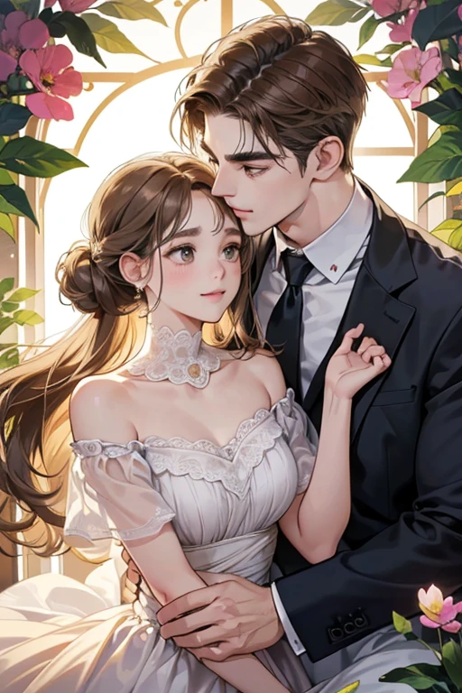(table top, digital illustration, 4k, 8k, Super detailed, beautiful images, clear image, perfect face, perfect lines, perfect eyes, soft lighting) 1 female, (light brown hair,chignon hair,innocent look,droopy eyebrows,droopy eyes、With a round face,round chin、innocence,cute,Big eyes,natural makeup,smile gently,E cup,23 years old:1.3),Two handsome men in suits, (human,man in suit,muscular,solid shoulder width, boyish hairstyle,A man in his 30s with a cool expression,28 year old man with a bright smile:1.2),garden full of light、lots of flowers、Squirting、colorful flower light,(embarrassing,shy smile:1.2),resort sofa,kiss、Couple kiss、romance porn、couple of man and woman hugging each other、