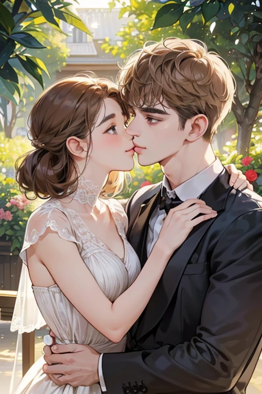 (table top, digital illustration, 4k, 8k, Super detailed, beautiful images, clear image,  perfect face, perfect lines, perfect eyes, soft lighting) 1 female, (light brown hair,chignon hair,innocent look,droopy eyebrows,droopy eyes、With a round face,round chin、innocence,cute,Big eyes,natural makeup,smile gently,E cup,23 years old:1.3),Two handsome men in suits, (human,man in suit,muscular,solid shoulder width,  boyish hairstyle,A man in his 30s with a cool expression,28 year old man with a bright smile:1.2),garden full of light、lots of flowers、Squirting、colorful flower light,(embarrassing,shy smile:1.2),resort sofa,kiss、Couple kiss、romance porn、couple of man and woman hugging each other、