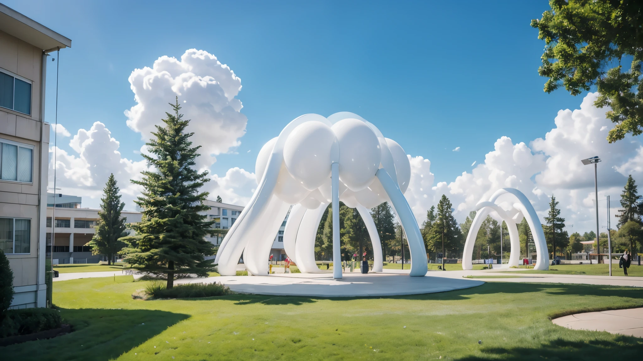 3.5-meter cloud acrylic swing device,put on grass,3D modeling,full view,actual,Decorated with cartoon fiberglass sculptures,Rendering suitable for commercial exhibition displays,Art installations, Bauhaus, Conceptual art, UHD, masterpiece, anatomically correct, high details, award winning, 16k, highres, best quality, accurate,Many white balloons,(Art installations on campus),( Environmental Art, ),Public art installations