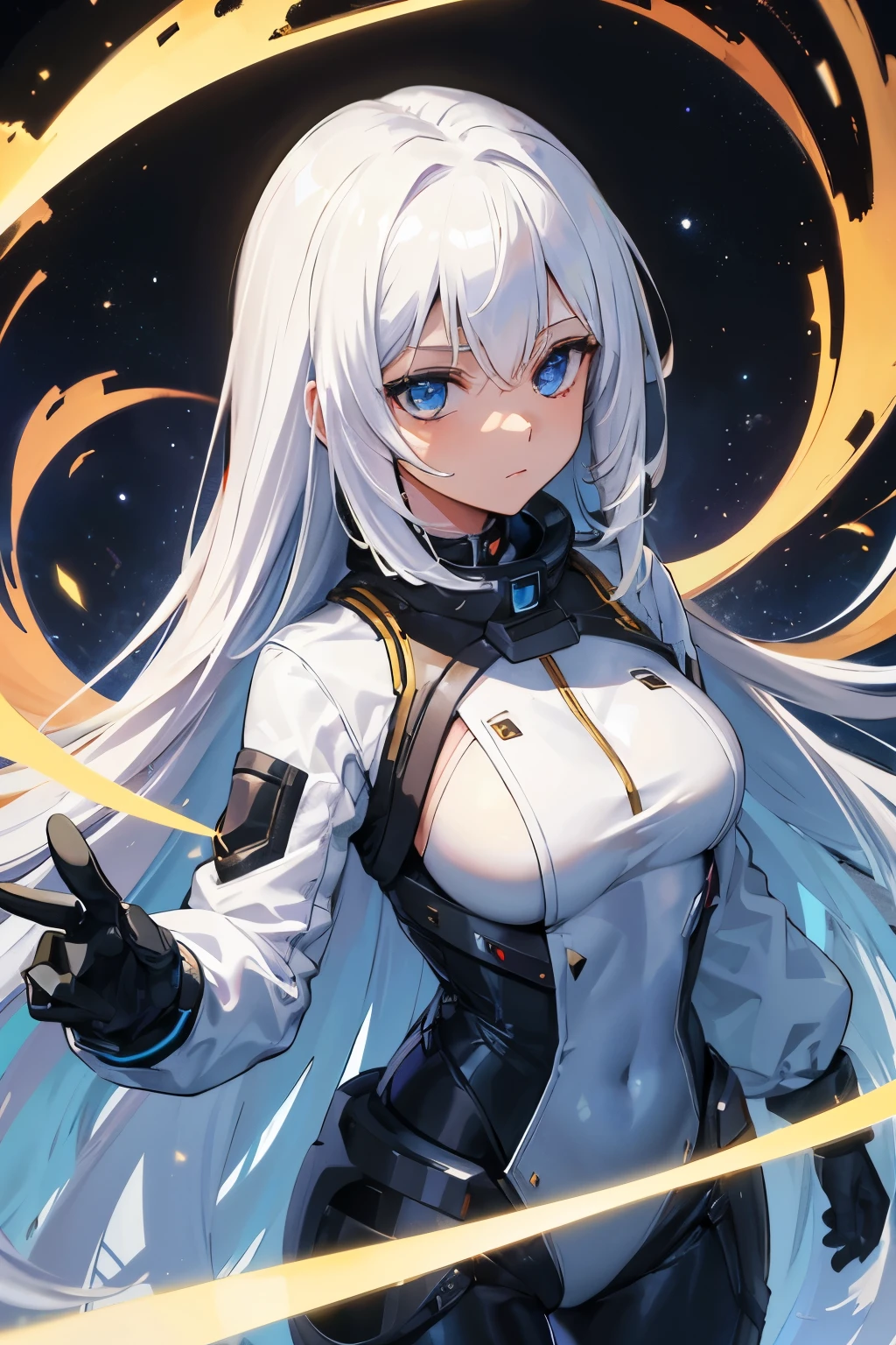 woman ,Golden white hair,blue eyes,,,Black space suit