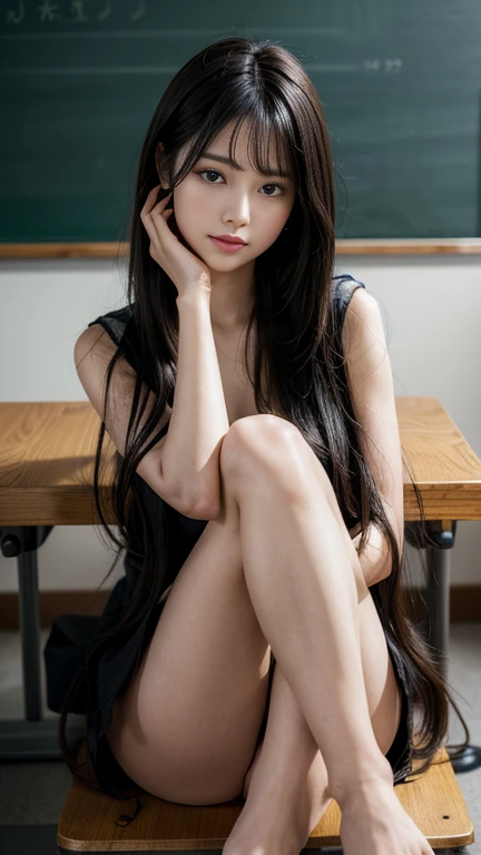 High resolution, Super detailed, Realistic, 1 beautiful Japan , Highly detailed beautiful face, Straight hair, Medium Black Hair, Beautiful feet, close your eyes, it hurts, good, Full nudity, Sit with your legs apart, between legs, classroom