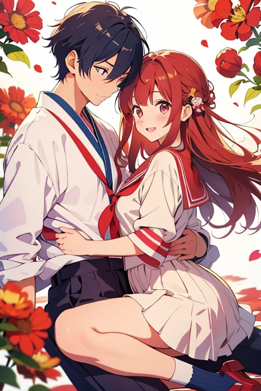 Asuka Langley、Shinji Ikari、Hyundai Japan Junior High School Uniforms、1 group of men and women、Holding hands and hands、Lovers、Anime-style drawings、No height difference between men and women、kawaii、Clothes that exist in real life、Caucasian men's tops with buttons、Men's Black Pants、Light blue sailor suit for women without buttons、Height of junior high school students、
