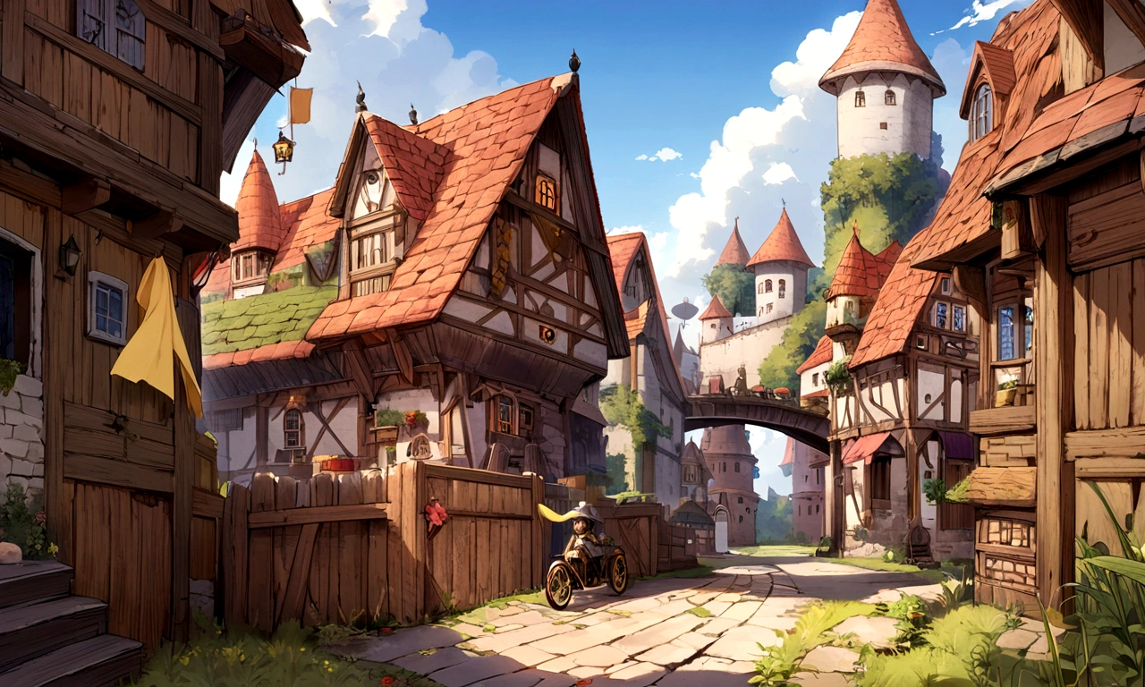Illustration Metro Village, Flying House, (medieval house々Fly), Lonely house, wooden stage, (Flying Train), Yellow flag with red star, Horizontal view, High detail, Wooden Flying Bike, Fantasy, (not human)