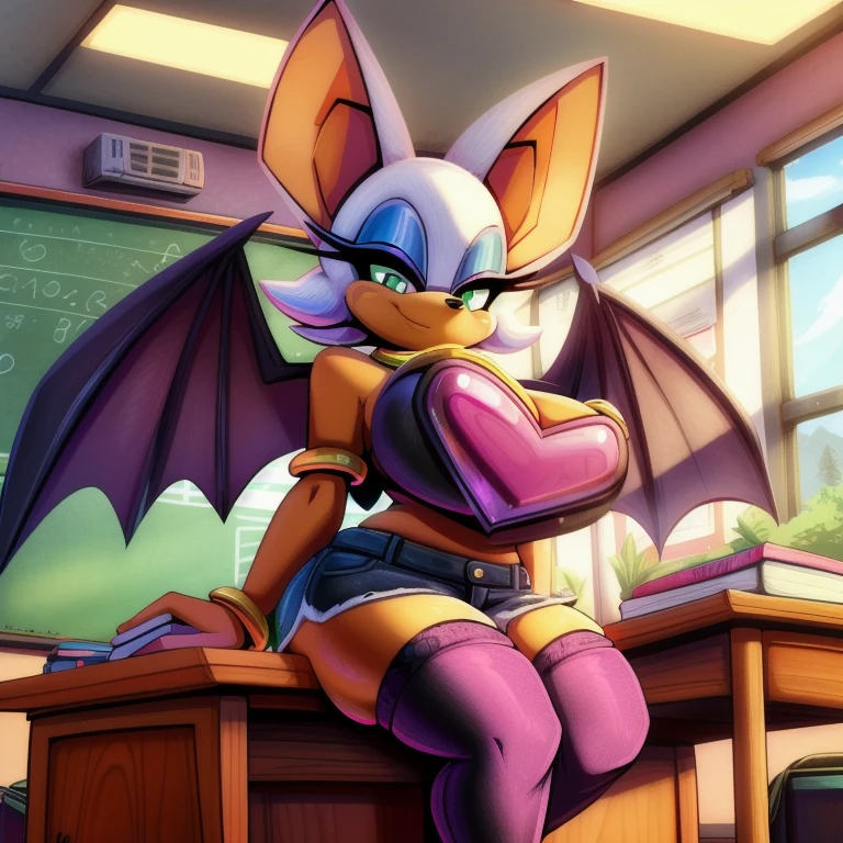 (uploaded on e621), (((by joelasko, by marthedog, by senshion))), detailed background, detailed, perfect hands, 5 fingers, ((ultradetailed, highest quality, 8k uhd, raw photo)), (full body shot, masterpiece, best_quality, ultra-detailed, immaculate:1.3), 1girl, solo, breasts, looking at viewer, smile, skirt, large breasts, thighhighs, animal ears, jewelry, green eyes, white hair, black jean shorts, wings, indoors, bracelet, makeup, bat wings, furry, desk, eyeshadow, furry female, classroom, school desk, animal nose, bat ears, Rouge the bat, sitting on desk, pink heart-shaped breastplate