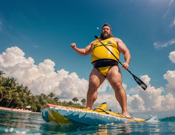 RAW, realistic photo of a national foundation,Masterpiece,top quality,fat man,Hug a man,wearing Speedo verde ou amarelo ou branco,(((practicing water sports "stand up paddle"com prancha e remo ))