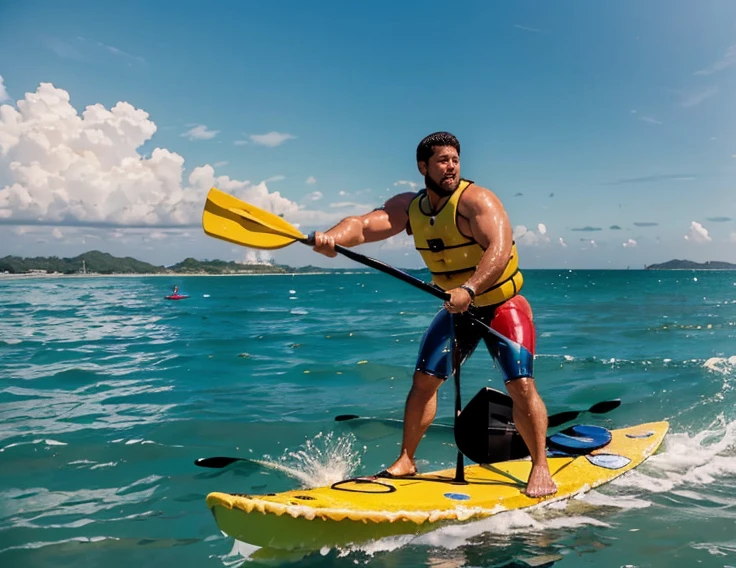 RAW, realistic photo of a national foundation,Masterpiece,top quality,fat man,Hug a man,wearing Speedo verde ou amarelo ou branco，(((practicing water sports "stand up paddle"com prancha e remo ))