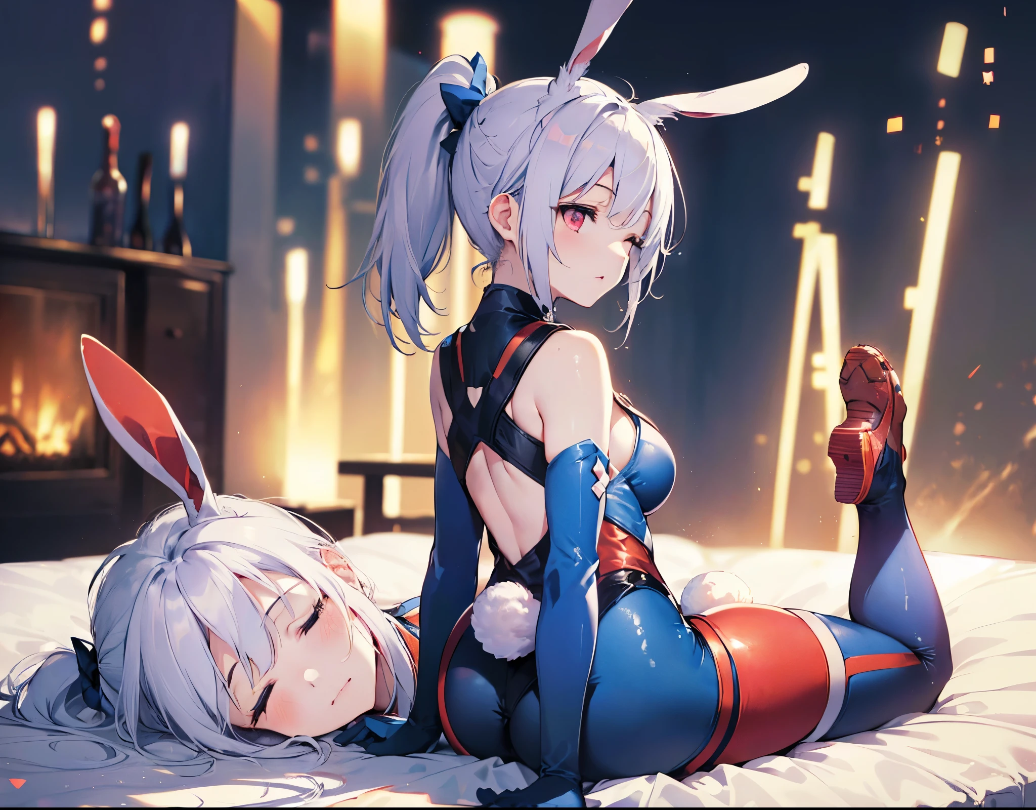(Close-up:1.3),Realistic,highest quality, Ultra Detail, High-quality CG rendering, The most delicate and beautiful, Floating softly, High resolution, (1 girl), (Highest quality,4K,8K,masterpiece:1.2) ,Light purple hair,Rabbit,(Bunny ears:1.5),(ponytail:1.5),Red eyes, (Ultra Girl:1.0),(Blue Ultraman bodysuit:1.4),(Blue gloves:1.3),(Blue shoes:1.3),room,Upper Body,bed,(bedに倒れている:1.5),Defeated,,(Slightly larger breasts:1.5),Sleep,Are sleeping,Eyes closed,Open your mouth a little,(Prone:1.3),(Turn your back to your audience:1.3),Ass,