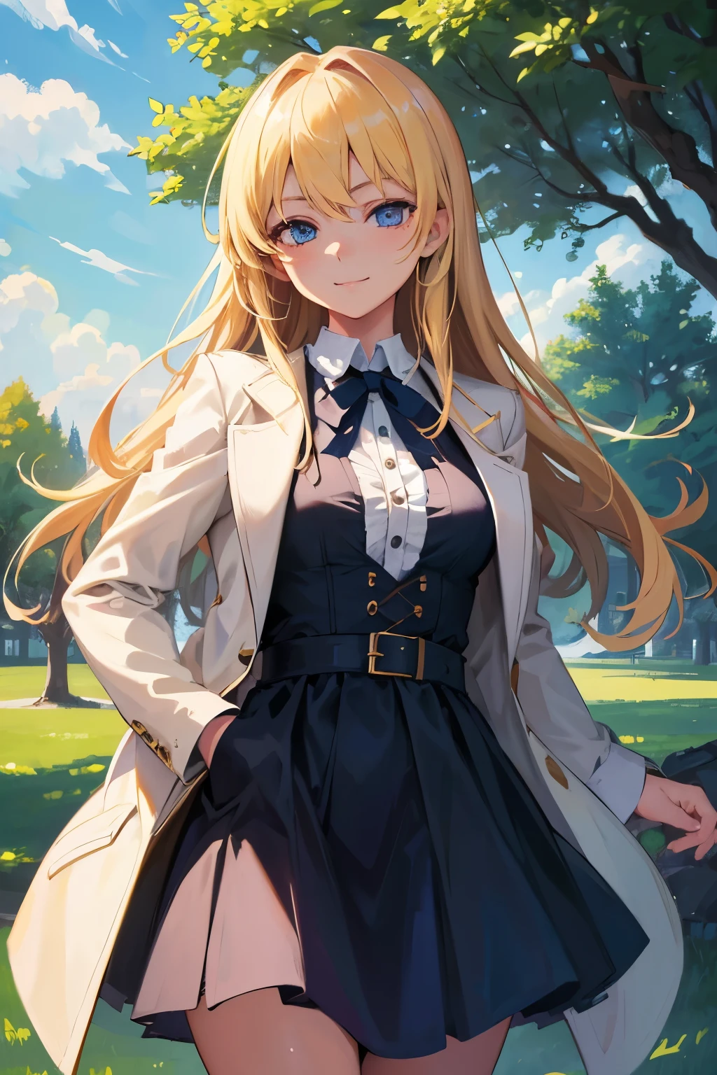 masterpiece, highest quality, One girl, beautiful, Are you okay, delicate, Very complicated, detailed, Blonde Hair, Jacket, blue eyes, ((masterpiece)), extremely detailed, highest quality, High resolution, ((at the park)), Bridget, smile,  