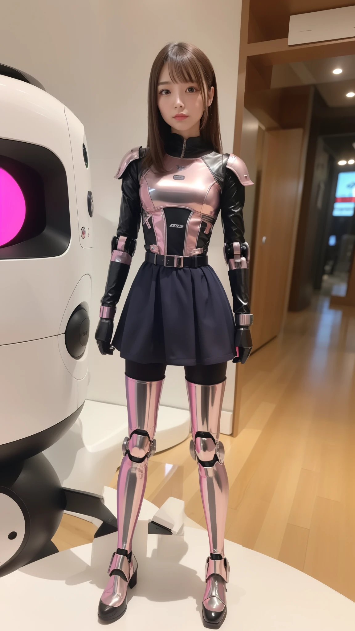 Robot Girl, pink there, Silver, Metallic body, Robot Parts, Metal Parts, Super Detailed Face, Super well-formed face, of the highest quality, a small face, a small head, Brown hair, Slender body, Camera gaze, Internal Mechanical Exposure, Idol, front facing, Well-proportioned body, sale, Exhibited, Event Hall, Moe Pose, pink metallic Lolita dress machine armor, Standing with legs open, Model body type, sad, Embarrassing,(Perfect Robot Girl),(Perfect machine body)