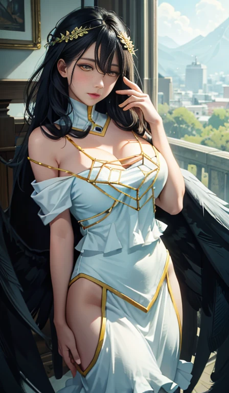 masterpiece, best quality, Extremely detailed, illustration, Epic Lighting, Composition, Isometric,(hexagon:1.2), 1 Girl, trumpet, Solitary, Yellow eyes, Black Hair, long hair, (Low Wing:1.2), University of Kili, Bare shoulders, Hair between the eyes, (((Full breasts,)))(((Large Breasts))) (((Cleavage))), (White Dress:1.1), golden decoration, Separate collar, View Viewer, Eyes half-closed, (View Viewer:1.1), Open lips, blush, Black feathers falling, arena, Particle Effects, (8K:1.1)