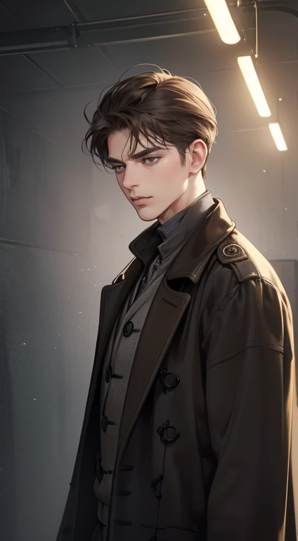 masterpiece, best quality, realistic, 1man, mature male, quiet and charming 1male, 30 years old, close his eyes, serious look, extremely detailed face, ((dark grey eyes)), ((short-right-swept dark brown hair)), [thick eyebrows], detective, ((Dressed in a classic overcoat)), cinematic lighting, looking at the audience, posture dynamics.