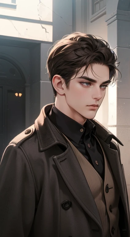 masterpiece, best quality, realistic, 1man, mature male, quiet and charming 1male, 30 years old, close his eyes, serious look, extremely detailed face, ((dark grey eyes)), ((short-right-swept dark brown hair)), [thick eyebrows], detective, ((Dressed in a classic overcoat)), cinematic lighting, looking at the audience, posture dynamics.