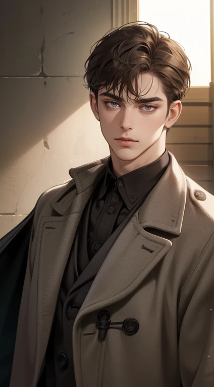 masterpiece, best quality, realistic, 1man, mature male, quiet and charming 1male, 30 years old, close his eyes, serious look, extremely detailed face, ((dark grey eyes)), ((short-right-swept dark brown hair)), [thick eyebrows], detective, ((Dressed in a classic overcoat)), cinematic lighting, looking at the audience, posture dynamics.