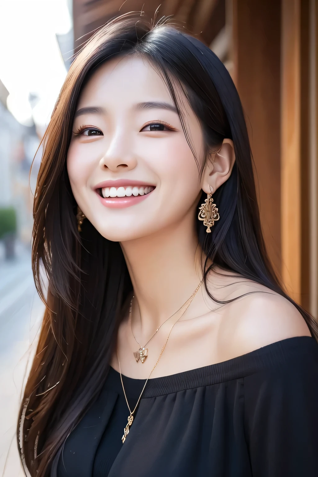 Beautiful young woman、 Korean women、Black Hair、ear piercing、Necklace around the neck、blouse、Jacket、smile、Laughing with your mouth open、Beautiful teeth alignment、Intricate details, Very detailed:1.2), 、 Looking into the camera,The background is the town