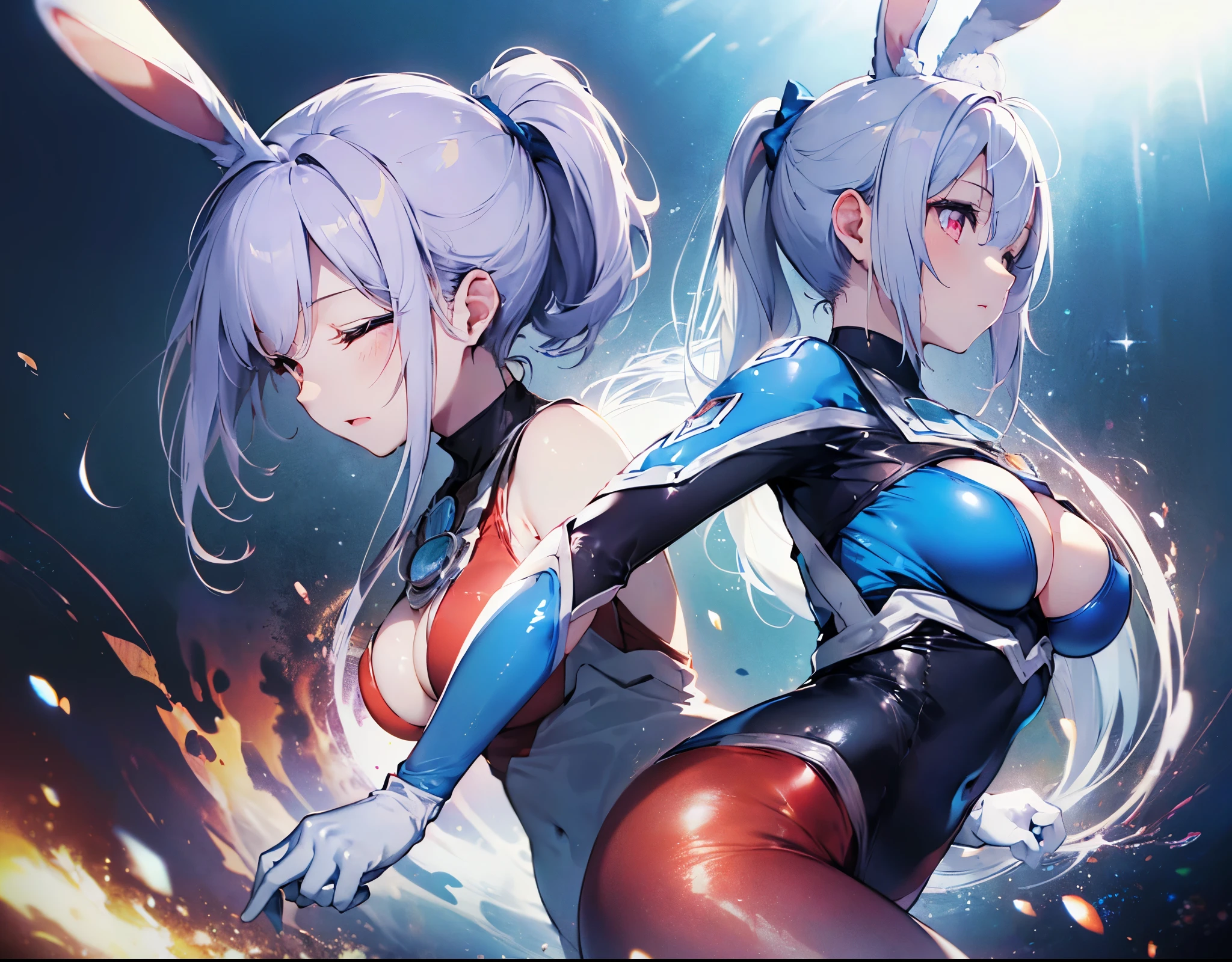 (Close-up:1.3),Realistic,highest quality, Ultra Detail, High-quality CG rendering, The most delicate and beautiful, Floating softly, High resolution, (1 girl), (Highest quality,4K,8K,masterpiece:1.2) ,Light purple hair,Rabbit,(Bunny ears:1.5),(ponytail:1.5),Red eyes, (Ultra Girl:1.0),(Blue Ultraman bodysuit:1.4),(Blue gloves:1.3),(Blue shoes:1.3),Small room,Upper Body,bed,(bedに倒れている:1.5),Defeated,,(Slightly larger :1.5),Sleep,Are sleeping,Eyes closed,Open your mouth a little,(Prone:1.3),(Turn your back to your audience:1.3),Ass,