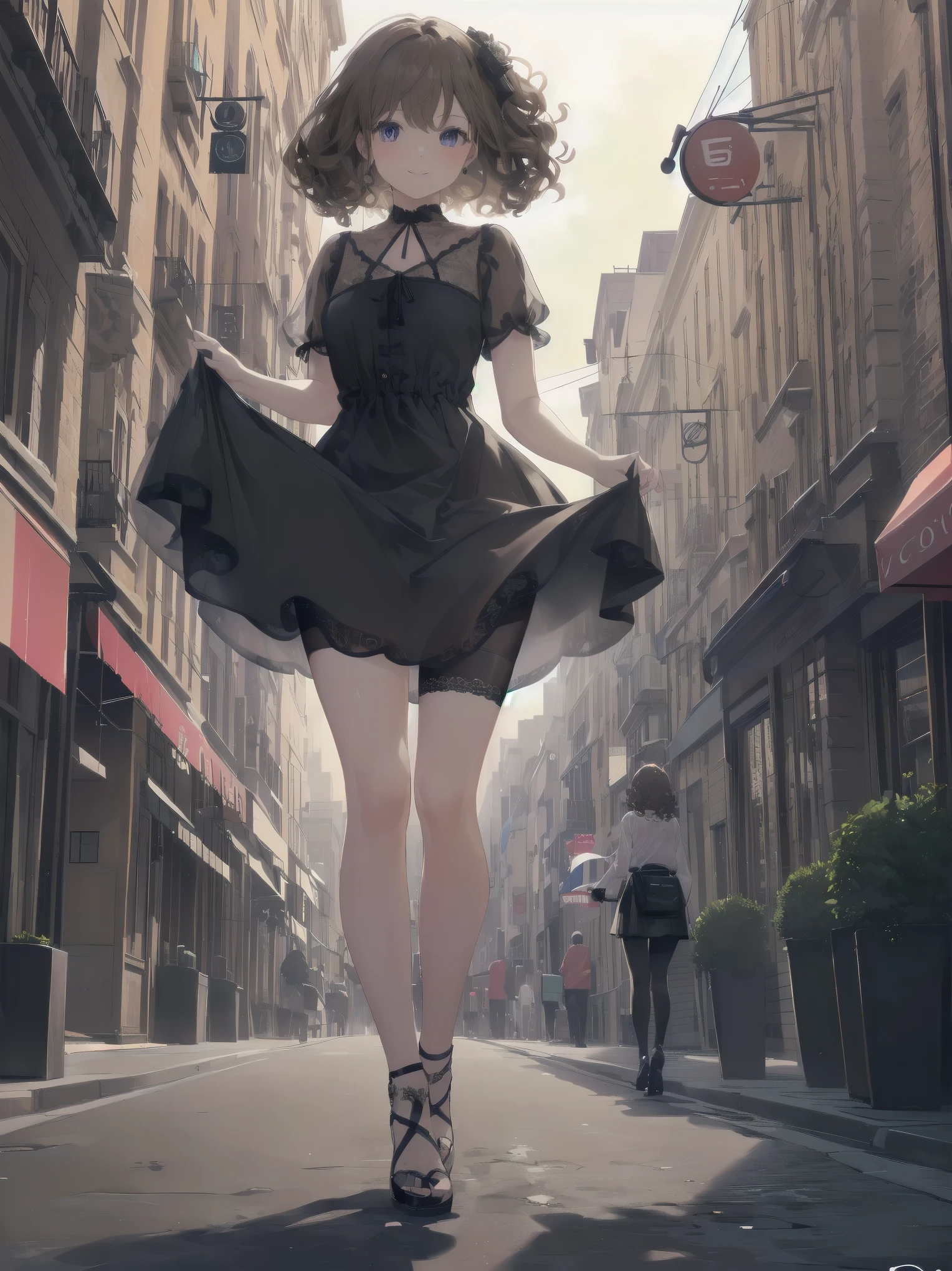 (((Very detailed, Very detailed CG ユニティ 8k 壁紙, figure, High resolution, Absurd, Beautiful fine details, finely detailed 胸, Very detailed髪)), ((masterpiece)) Subject: {A naïve young girl is boldly flouncing around Subtitle: {Long brown curly hair}{Gothic dress, chiffon blouse and tulle skirt, lace and bead decoration}{Cycling in the city}{Streetscape of squares and cafés}{Glowing smile}{Drone camera, f/2.8, 1/2000 sec, ISO 400, wide angle lens} A girl with long, curly brown hair is cycling in a cityscape of squares and cafés. She is dressed in a gothic dress, her chiffon blouse swaying in the breeze and her tulle skirt fluttering lightly. The dress is decorated with lace and beads, fashionable and detailed. Her muscles move powerfully with each pedal stroke, and her radiant smile attracts people in the street. In the background, a view of fashionable cafés and squares gives a sense of the bustling city atmosphere. Filmed with a drone camera at f/2.8 aperture, shutter speed 1/2000 sec, ISO 400, the wide-angle lens clearly captures the vast landscape and her movements. Her active appearance is depicted as realistically as if it were a scene from a film