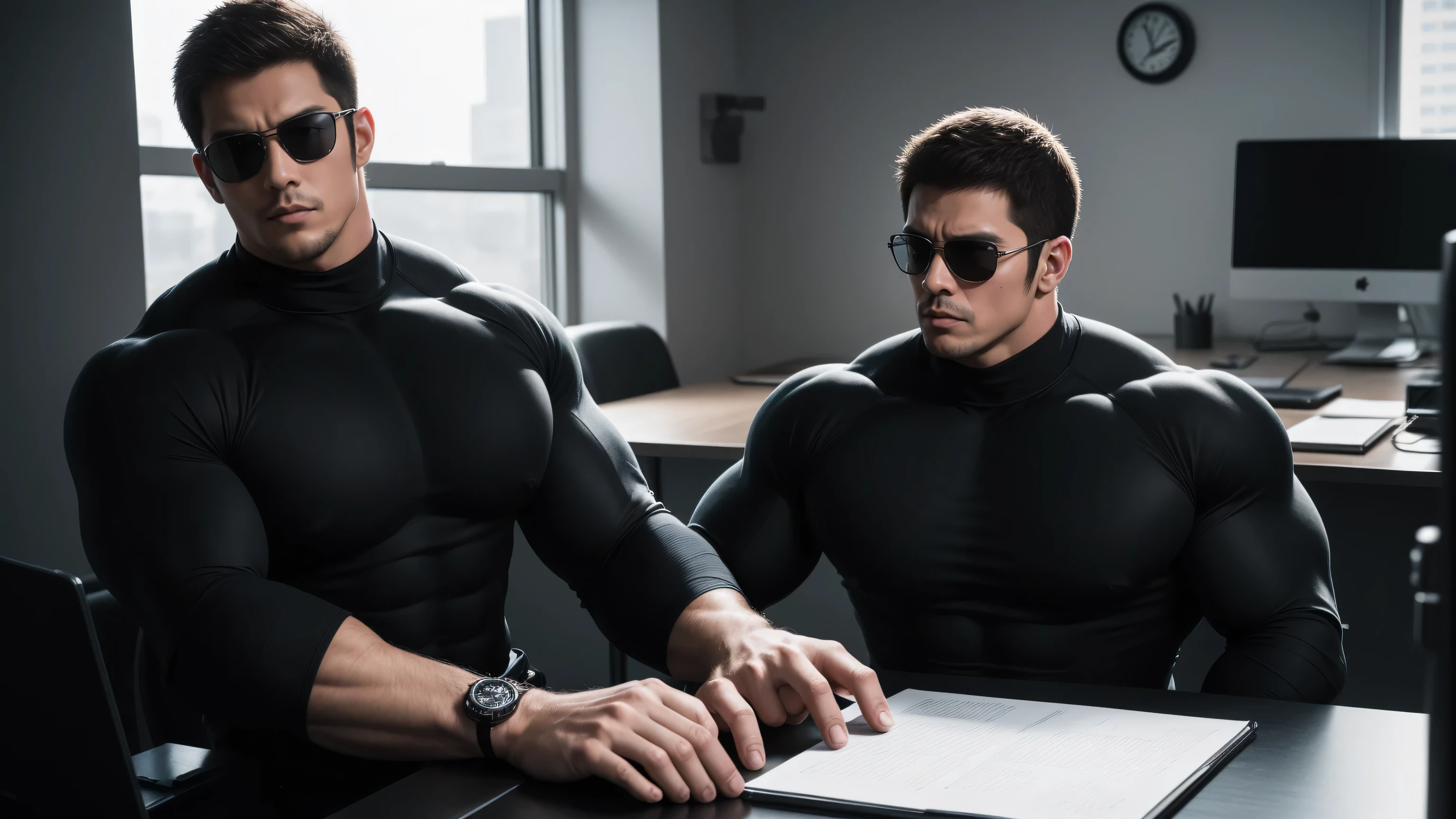 1 super muscular man, He wears sunglasses,suit,Sitting in the office,Working on a laptop with a focused look,He wears sunglasses,Buzz Cut,In a luxurious office, Wear a long-sleeved high-necked cream-colored tights, Wear it over a suit,tie,Thickened warm elastic texture,The clothes are very tight and wrap the muscles perfectly,The expression is arrogant, High-necked long-sleeved cream turtleneck bodysuit, very tight, Regular symmetrical pattern, Highlight muscles, Police uniform pants, character concept(Resident Evil - Chris Redfield, Chris Redfield)A proud expression, Deep and charming eyes, Heroic male pose, tall Burly, muscular!muscular thighs, tough guy, perfect facial features, High, Burly, Heqiang, Super polished and cool, High Resolution Committee, Charismatic, Sunlight through the window, shine on body