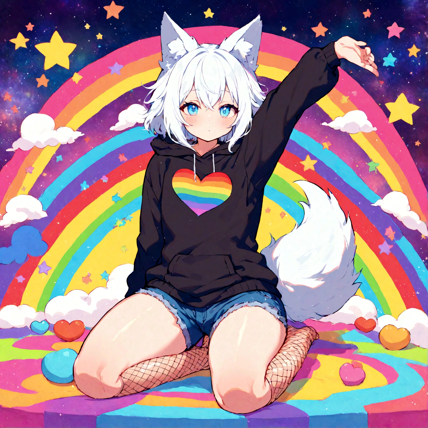 a cute adult male with wolf ears, white hair, has a wolf tail, wearing a loose cropped oversized black hoodie, wearing a pair of denim short shorts and fishnet stockings, thick thighs, wide hips, relaxing on mound of fluffy multi colored kawaii plushies, short, very slim, showing slender tummy, stretching out, heart on hoodie, squishy thighs, has glowing blue eyes. alone, solo (ALONE)(SOLO), surrounded by rainbows, colorful galaxy backround