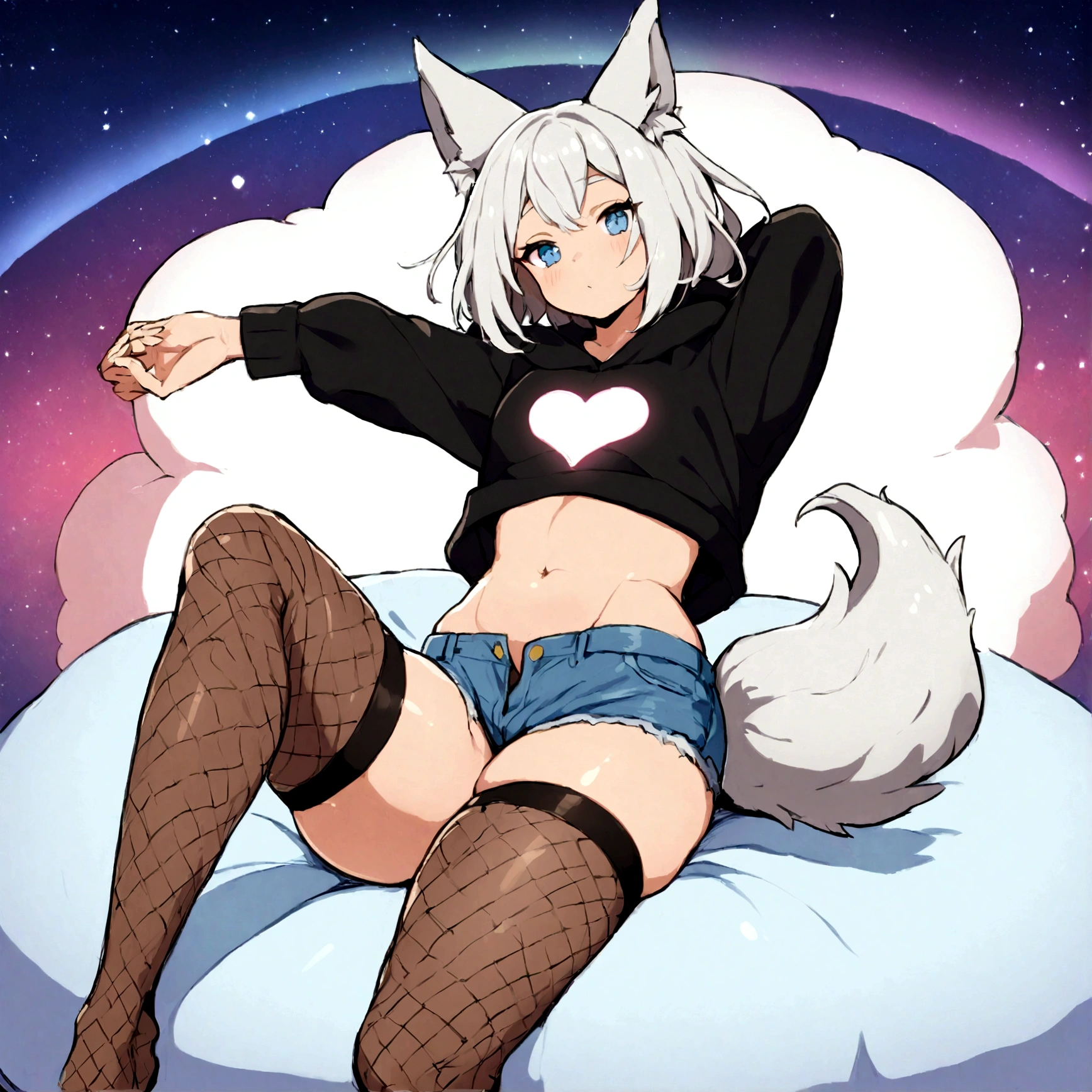 a cute adult male with wolf ears, white hair, has a wolf tail, wearing a loose cropped oversized black hoodie, wearing a pair of denim short shorts and thigh high fishnet stockings, thick thighs, wide hips, relaxing on mound of fluffy multi colored kawaii plushies, short, very slim, showing slender tummy, stretching out, heart on hoodie, squishy thighs, has glowing blue eyes. alone, solo (ALONE)(SOLO), surrounded by rainbows, colorful galaxy backround, nice butt