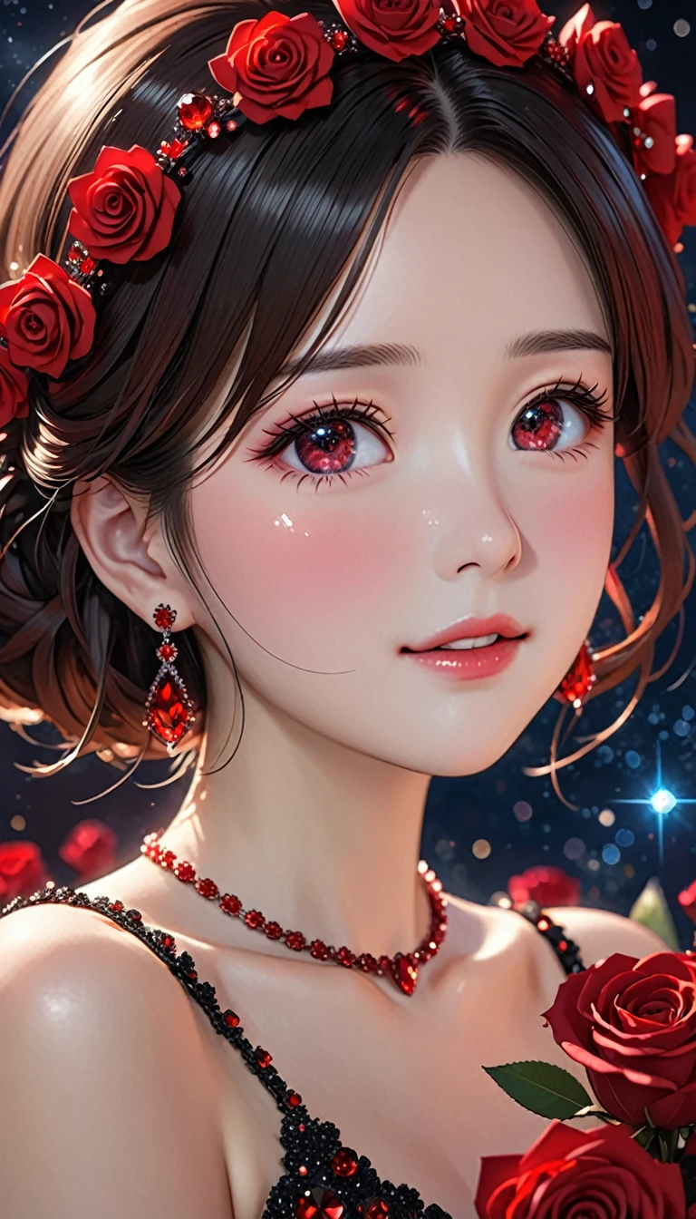 National Science Foundation,masterpiece,High resolution,8K,Art,digit,Three-dimensional,Realism,Kyoto Animation Style,your name movie style,cute,baby face,look into camera,Complex red rose flower background,(1 female: 1.3),(alone: 1.4),(Gorgeous sparkling black wedding dress),(Red Swarovski crystals on wedding dress),Gorgeous red crystal crown,Red crystal necklace,red crystal earrings,Red crystal ring,Hand holding bouquet of red roses,Long eyelashes,Long thin legs,Short Bob,Close-up of upper body,Close-up,Close up,Starry sky at night,Eyes as deep as the starry sky,blush,shy,Crying because of happiness