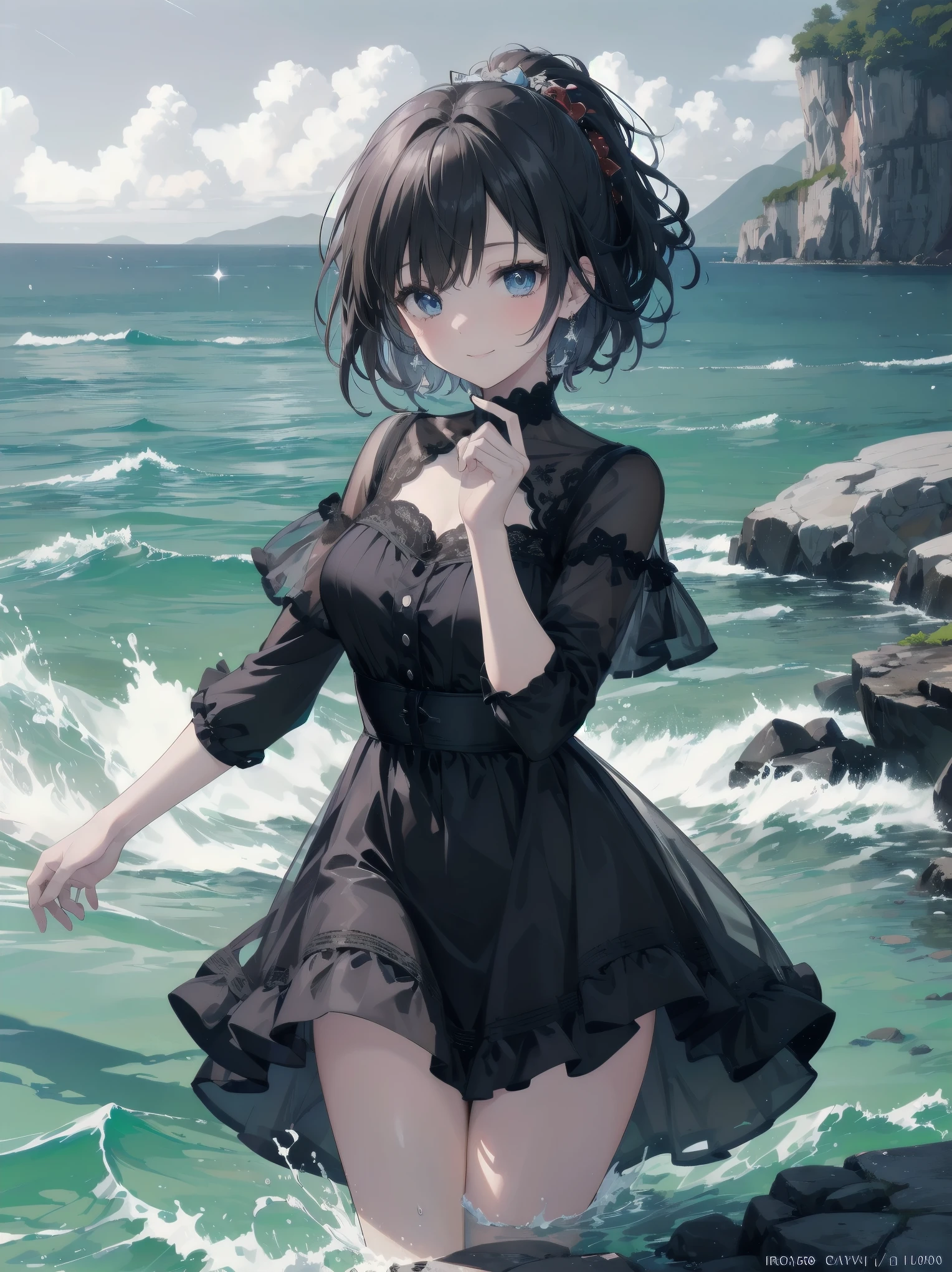 Masterpiece, high quality, high resolution, semi-realistic, 2.5D, perfect anatomy, super-detailed and detailed illustrations, sfw,
Subject: {A naive boldly splashing about by the water}
Subtitle: {short bob with blue eyes}{black lace dress in gothic fashion}{splashing and bouncing}{rocky beach by the sea}{innocent smile}{digital SLR camera, f/2.8, 1/1000 sec, ISO 200, sharpness enhanced}
A girl with a short bob and shining blue eyes is innocently playing on a rocky beach by the sea. She is wearing a black lace dress in gothic fashion, splashing and bouncing about energetically. Her innocent smile sparkles and you can see she is having fun. The expansive sea and blue sky in the background further enhance the beauty of nature. Shot with a digital SLR camera at f/2.8 aperture, shutter speed 1/1000 s and ISO 200, the sharpness enhancement captures her movements clearly. The way the waves crashing on the rocks reflect the light and sparkle is beautiful. Her pose and facial expressions are refined in this image, which resembles a photogravure shoot for a fashion magazine.