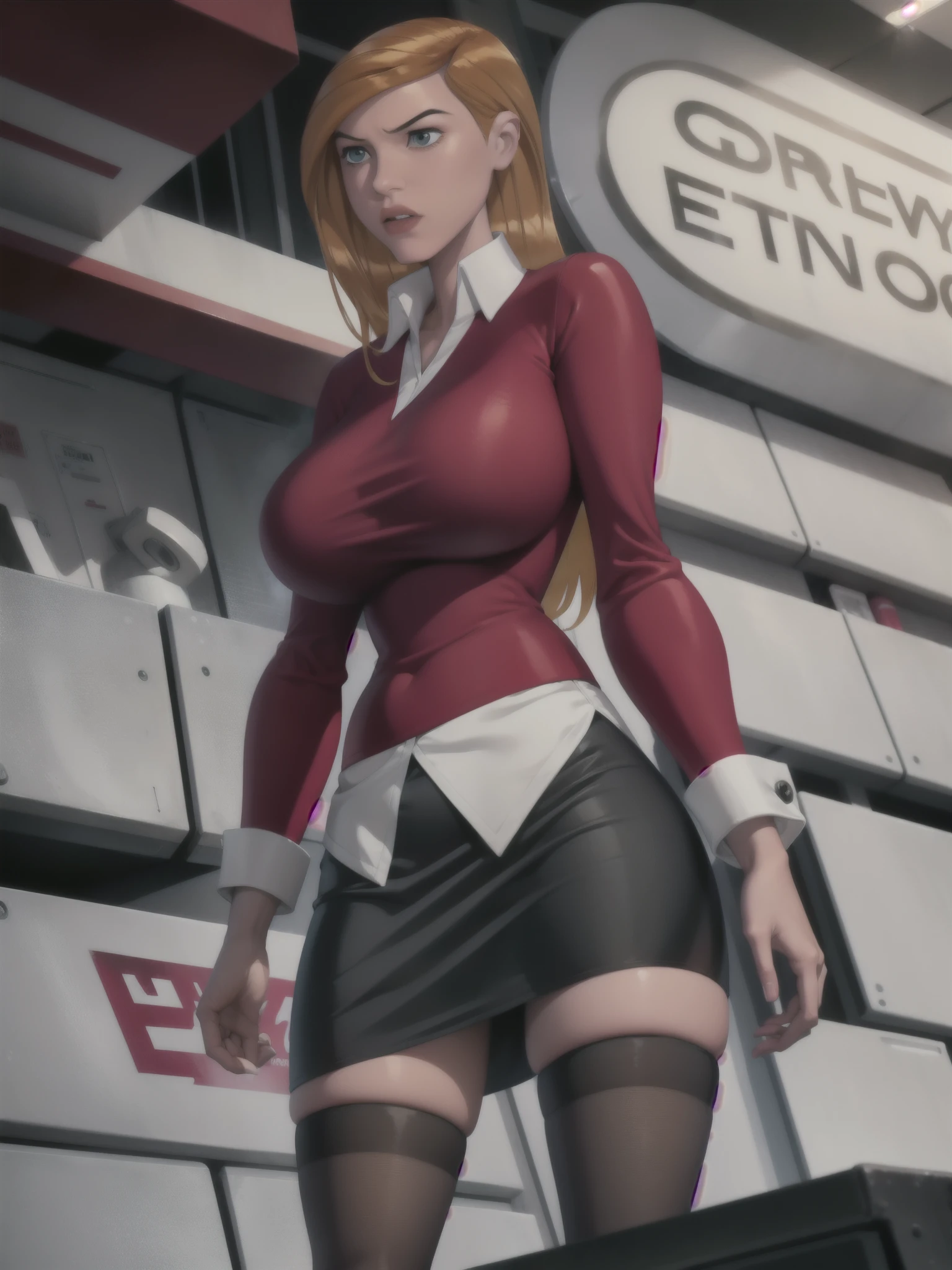 1 girl, character: gwen tennyson, outfit: red sweater over white shirt and black mini skirt with stockings