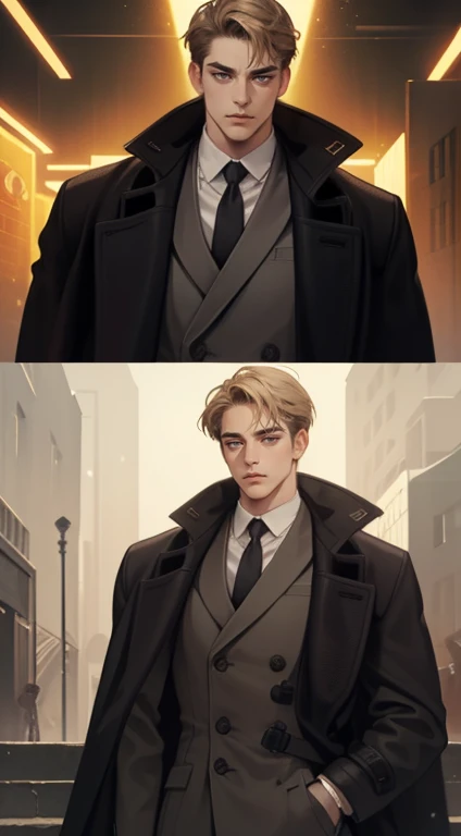 masterpiece, best quality, realistic, 1man, mature male, quiet and charming 1male, 30 years old, close his eyes, serious look, extremely detailed face, ((dark grey eyes)), ((short-right-swept dark golden hair)), [thick eyebrows], detective, ((Dressed in a classic overcoat)), cinematic lighting, looking at the audience, posture dynamics.