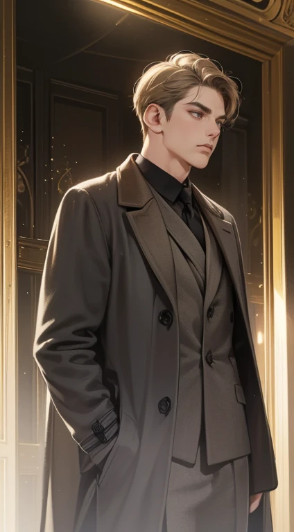 masterpiece, best quality, realistic, 1man, mature male, quiet and charming 1male, 30 years old, close his eyes, serious look, extremely detailed face, ((dark grey eyes)), ((short-right-swept dark golden hair)), [thick eyebrows], detective, ((Dressed in a classic overcoat)), cinematic lighting, looking at the audience, posture dynamics.