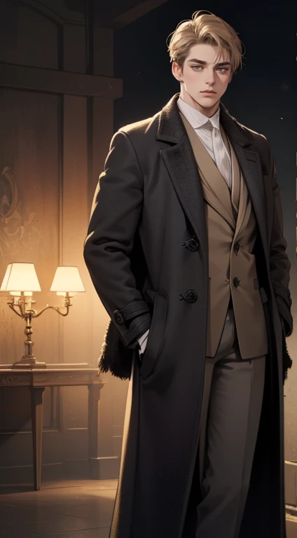 masterpiece, best quality, realistic, 1man, mature male, quiet and charming 1male, 30 years old, close his eyes, serious look, extremely detailed face, ((dark grey eyes)), ((short-right-swept dark golden hair)), [thick eyebrows], detective, ((Dressed in a classic overcoat)), cinematic lighting, looking at the audience, posture dynamics.