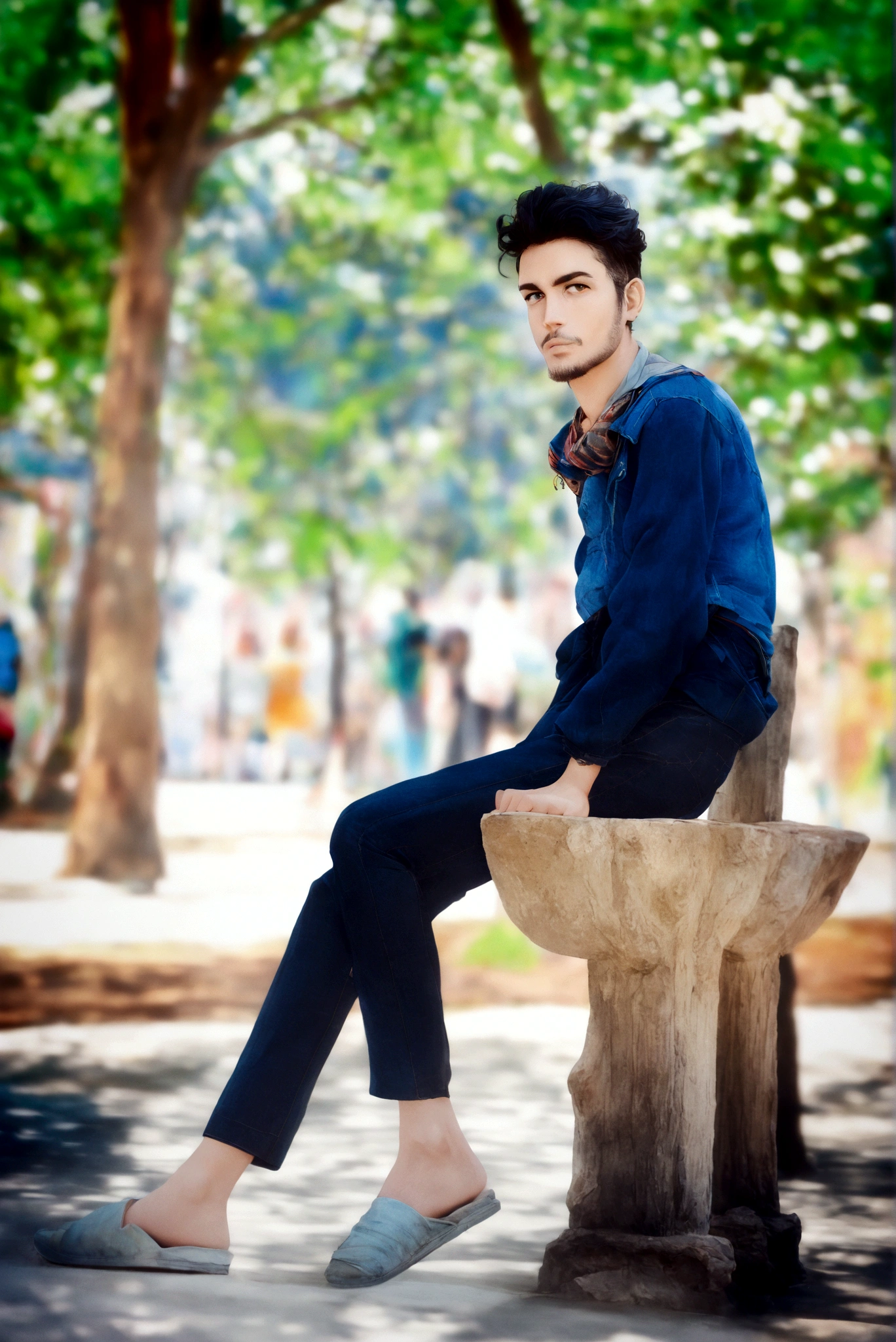 arafed man sitting on a bench in a park with a tree in the background, stylish pose, with a cool pose, mohamed chahin style, cool pose, very artistic pose, full body photogenic shot, casual photography, mid shot portrait, very cool pose, casual pose, jayison devadas style, with lovely look, ayan nag, mohamed chahin