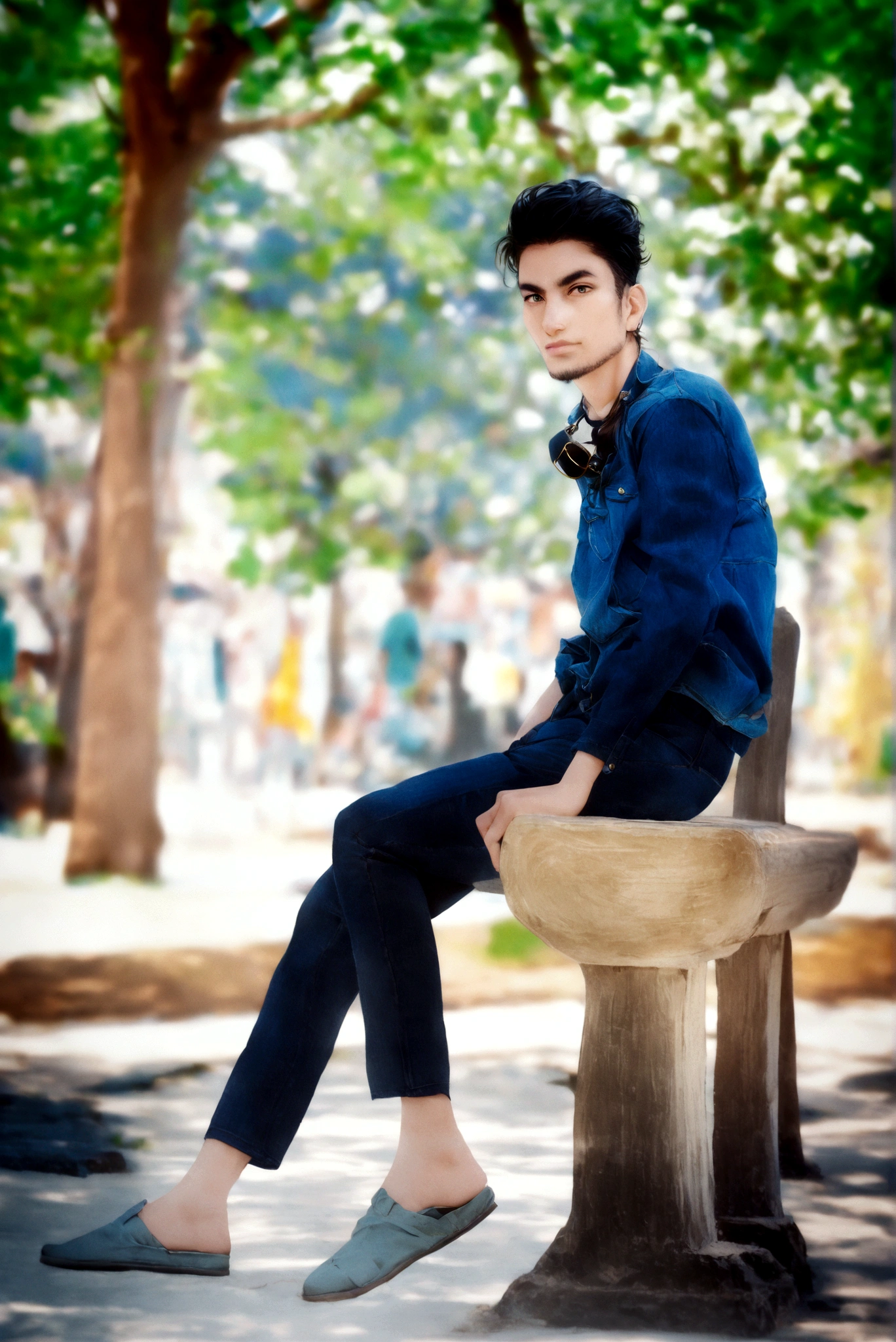 arafed man sitting on a bench in a park with a tree in the background, stylish pose, with a cool pose, mohamed chahin style, cool pose, very artistic pose, full body photogenic shot, casual photography, mid shot portrait, very cool pose, casual pose, jayison devadas style, with lovely look, ayan nag, mohamed chahin
