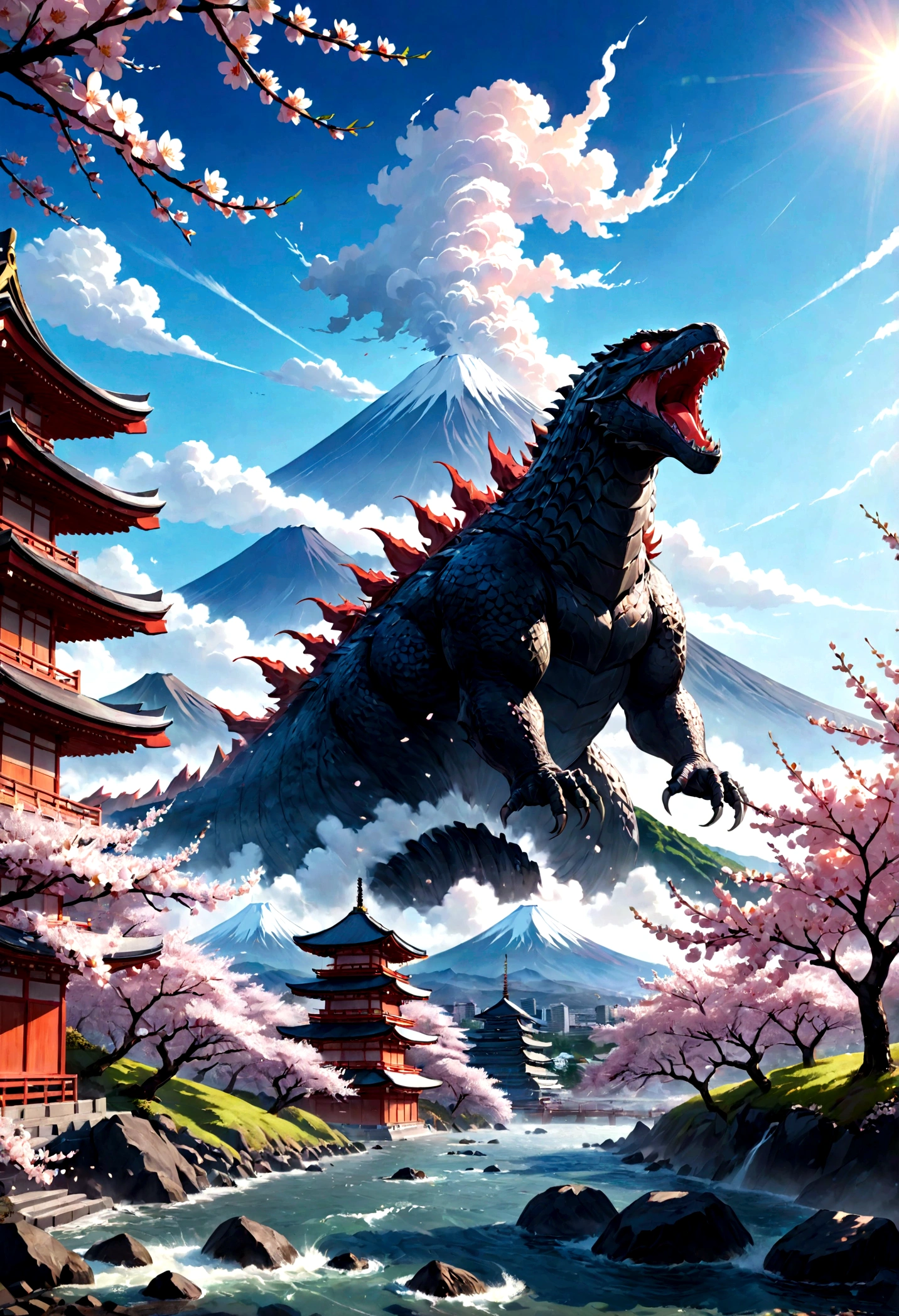 Generate a high-resolution image of Mount Fuji during springtime with cherry blossoms in full bloom. In the background, depict Godzilla emerging from the mountain, towering over the landscape with a menacing presence. The sky is clear and blue, contrasting with the chaos below. #MountFuji #GodzillaAttack #CherryBlossoms