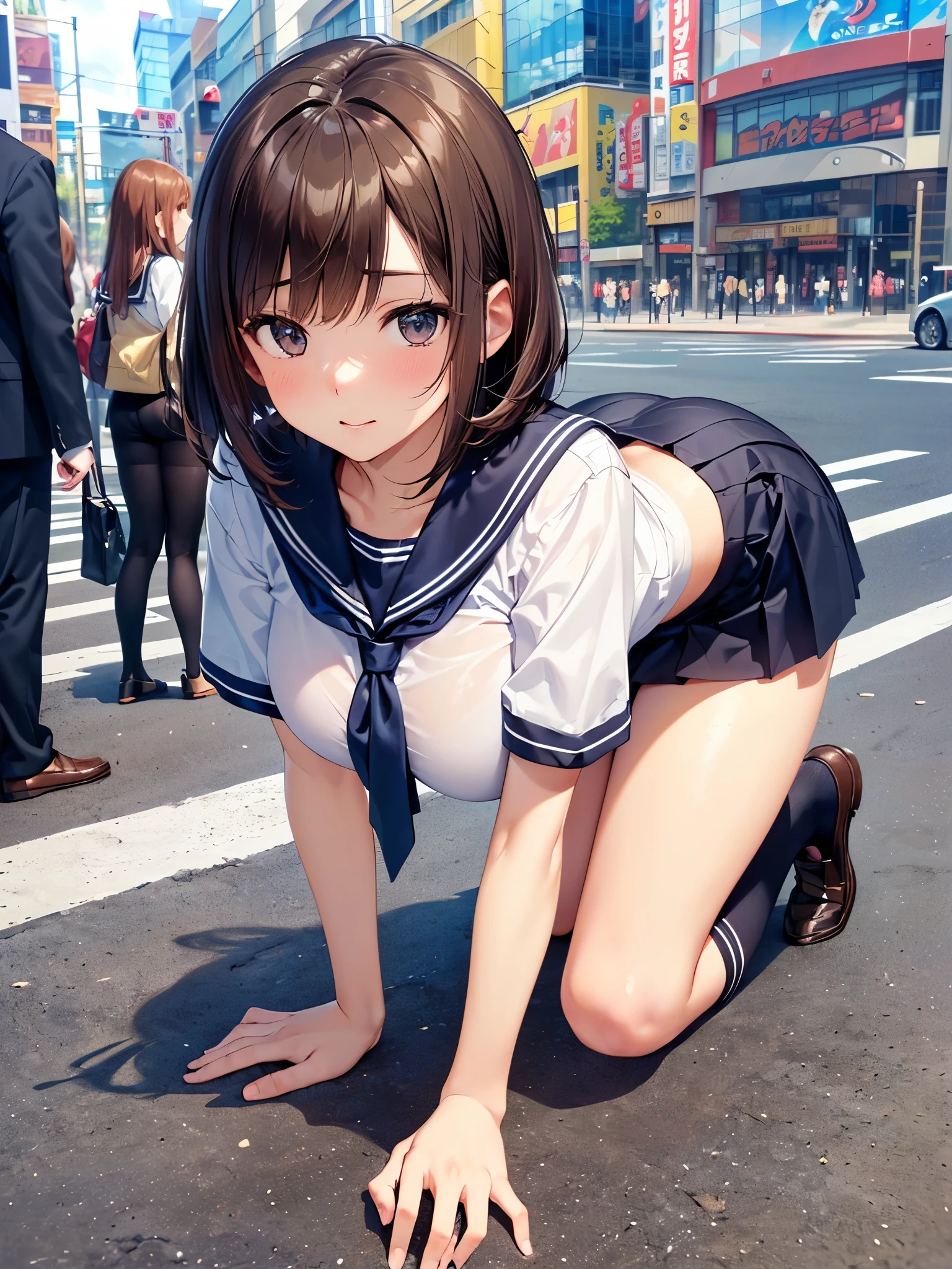 (NSFW:1.5), masterpiece, (realistic, photo realistic:1.2), ((highest quality), extremely fine and beautiful, beautiful face details, real human skin, realistic, photorealistic, From below, sakurajima mai, black long hair, bangs, hairclip, purple eyes, school shirt, (brown school uniform), (school skirt), (black pantyhose), red necktie, Tiny breasts, Cowboy Shot, (Sex with multiple men:1.3), Spread legs, Lying down, Exposing breasts, Cute face, Expressionless, Outdoor, crowd of boys