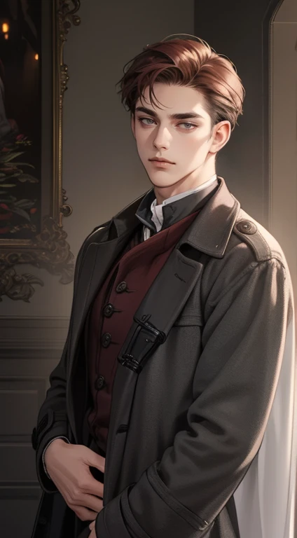 masterpiece, best quality, realistic, 1man, mature male, quiet and charming 1male, 30 years old, close his eyes, serious look, extremely detailed face, ((dark grey eyes)), ((short-right-swept dark red hair)), [thick eyebrows], detective, ((Dressed in a classic overcoat)), cinematic lighting, looking at the audience, posture dynamics.