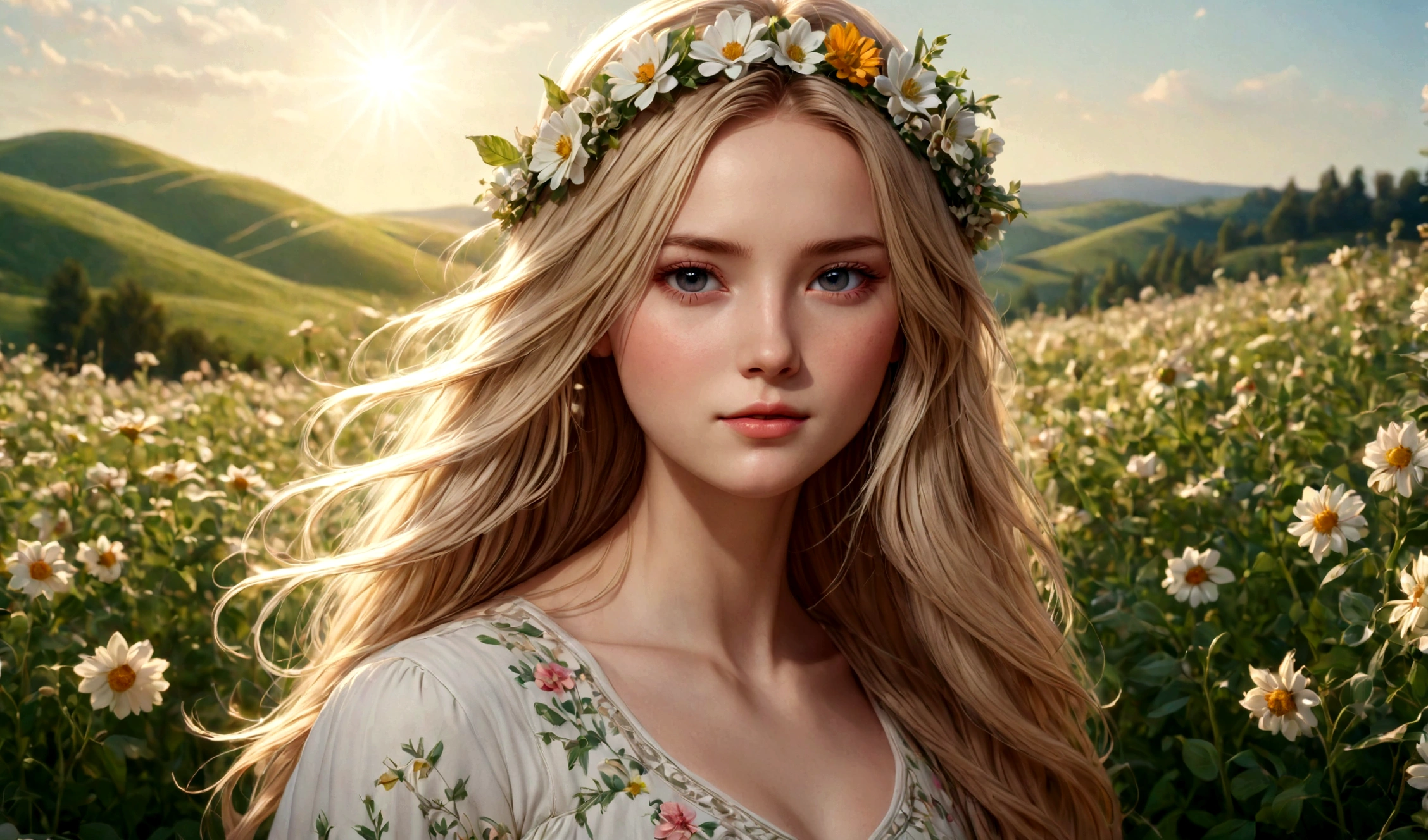 A beautiful girl in a sunlit flower field, long blonde hair, detailed facial features, soft skin, delicate expression, flower crown, summer dress, warm sunlight, lush greenery, rolling hills, detailed background, highly detailed, photorealistic, 8k, masterpiece, cinematic lighting, vibrant colors, natural lighting