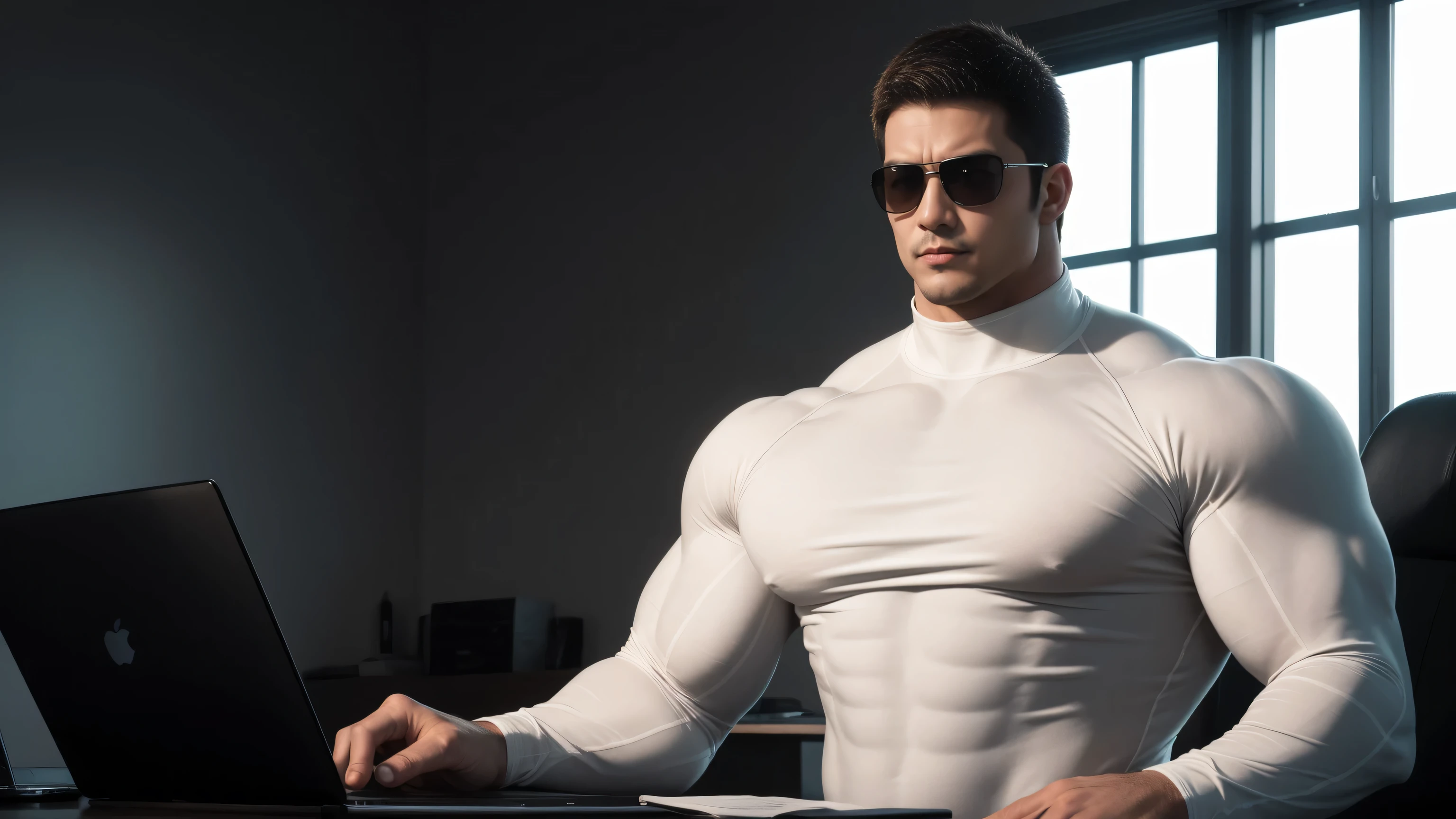 1 super muscular man, He wears sunglasses,suit,Sitting in the office,Working on a laptop with a focused look,He wears sunglasses,Buzz Cut,In a luxurious office, Wear a long-sleeved high-necked cream-colored tights, Wear it over a suit,tie,Thickened warm elastic texture,The clothes are very tight and wrap the muscles perfectly,The expression is arrogant, High-necked long-sleeved cream turtleneck bodysuit, very tight, Regular symmetrical pattern, Highlight muscles, character concept(Resident Evil - Chris Redfield, Chris Redfield)A proud expression, Deep and charming eyes, Heroic male pose, tall Burly, muscular!muscular thighs, tough guy, perfect facial features, High, Burly, Heqiang, Super polished and cool, High Resolution Committee, Charismatic, Sunlight through the window, shine on body