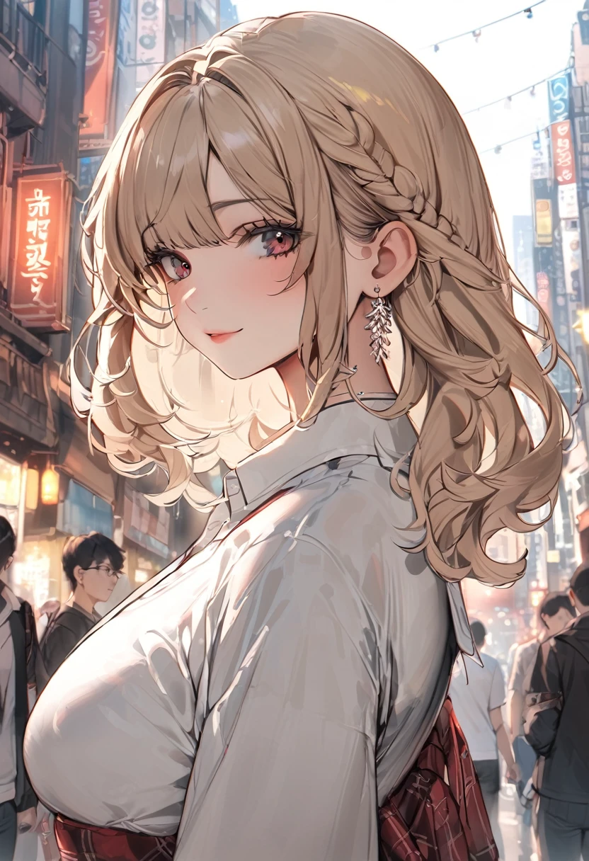 Curled bob cut, platinum hair woman in orange collared shirt posing to take photo in city, 8K artgerm Bokeh, well-proportioned body, beautiful korean woman, gorgeous necklace, beautiful young korean woman, soft portrait shot 8 K, korean girl, double and narrow eyes, beautiful gray eyes, Los Tran 8 K, Cute young woman, Korean woman, beautiful blonde girl