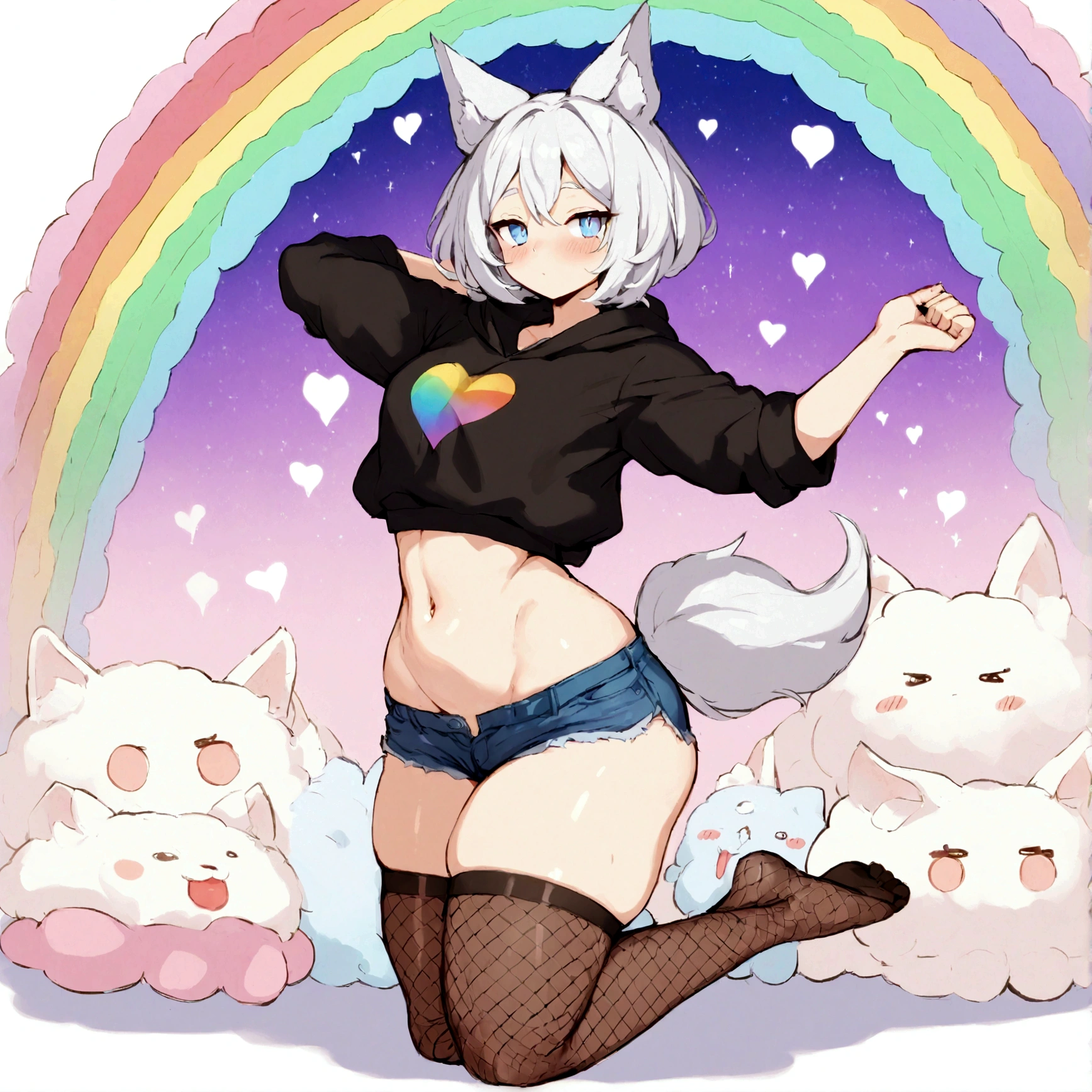 a cute adult male with wolf ears, white hair, has a wolf tail, wearing a loose cropped oversized black hoodie, wearing a pair of denim short shorts and thigh high fishnet stockings, thick thighs, wide hips, relaxing on mound of fluffy multi colored kawaii plushies, short, very slim, showing slender tummy, stretching out, heart on hoodie, squishy thighs, has glowing blue eyes. alone, solo (ALONE)(SOLO), surrounded by rainbows, colorful galaxy backround, nice butt, nsfw, xxx, has cock out, rubbing cock