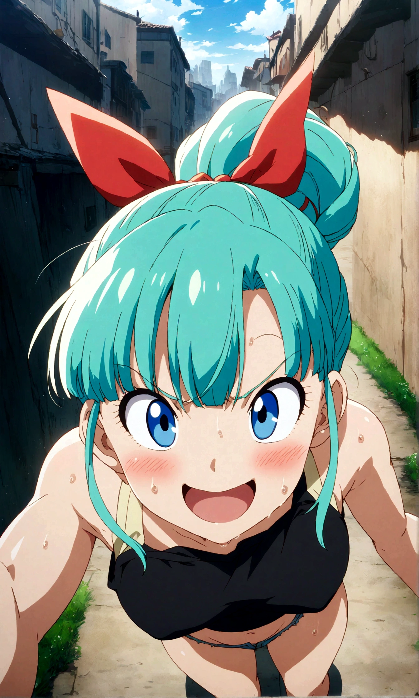  score_9, score_8_up, score_7_up, rating_safe ,BREAK  from front,standing,.pov,top angle,,straight-on,
,(upperbody), 1girl, bulma, dragon ball, aqua hair,bangs,hair ribbon,braided ponytail,(black_tanktop),navel,midriff ,hot_pants,open fly,,large_breast.puffy nipple:1.2 ,(smug,Sweat,),(blush:1.2),openmouth,,,
,Solo,,(daytime and outdoor,),
,,,detailed skin,(masterpeace),(best quality),(good quality),(great quality),(aesthetic,very aesthetic),((anime,anime Style,anime keyvisual,cel shading)),anime coloring,sharp focus,depth of field,(beautiful,more detail XL),,(bouncing_breasts:1),(motion lines),(motion_blur) ,(cinematic lighting,professional lighting),cinematic shadows,backlighting.lens flare.