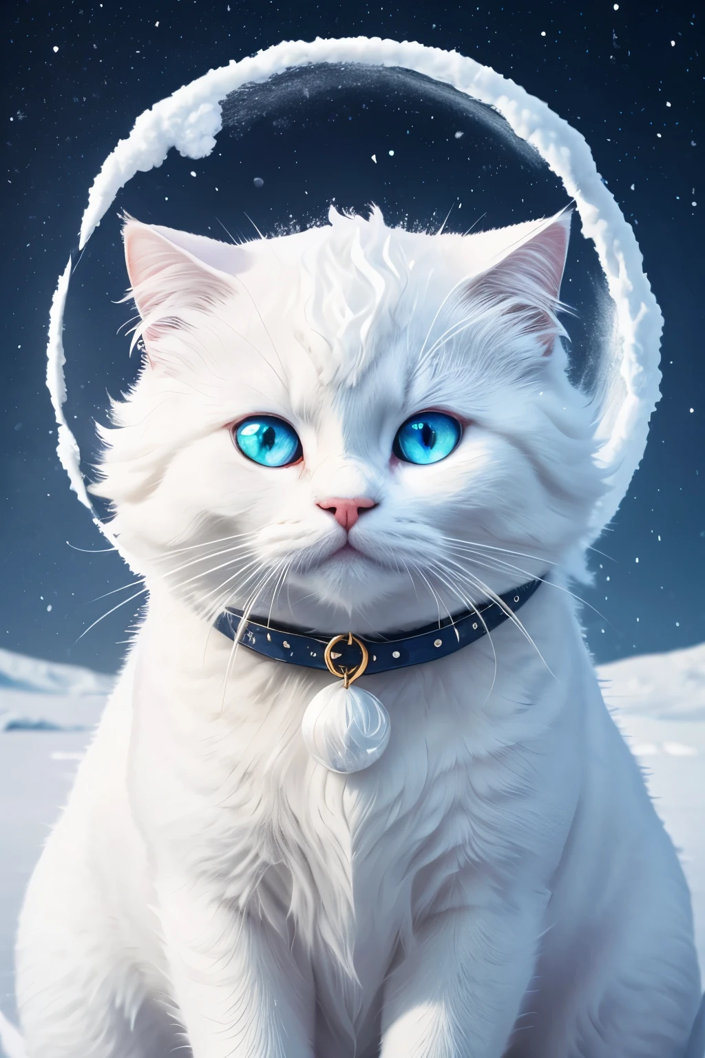 A white cat, A extremally cute white frosty cat with curly white hair, blue-green mother of pearl eyes, deep in the frosty snow of winter, blowing snow, snowy haze, a full moon, a deep river, and a mysterious image. It's night but it's bright. frosty looking cat, gorgeous, beautiful eyes 24k photorealistic extreme depth of color in eyes and collar.