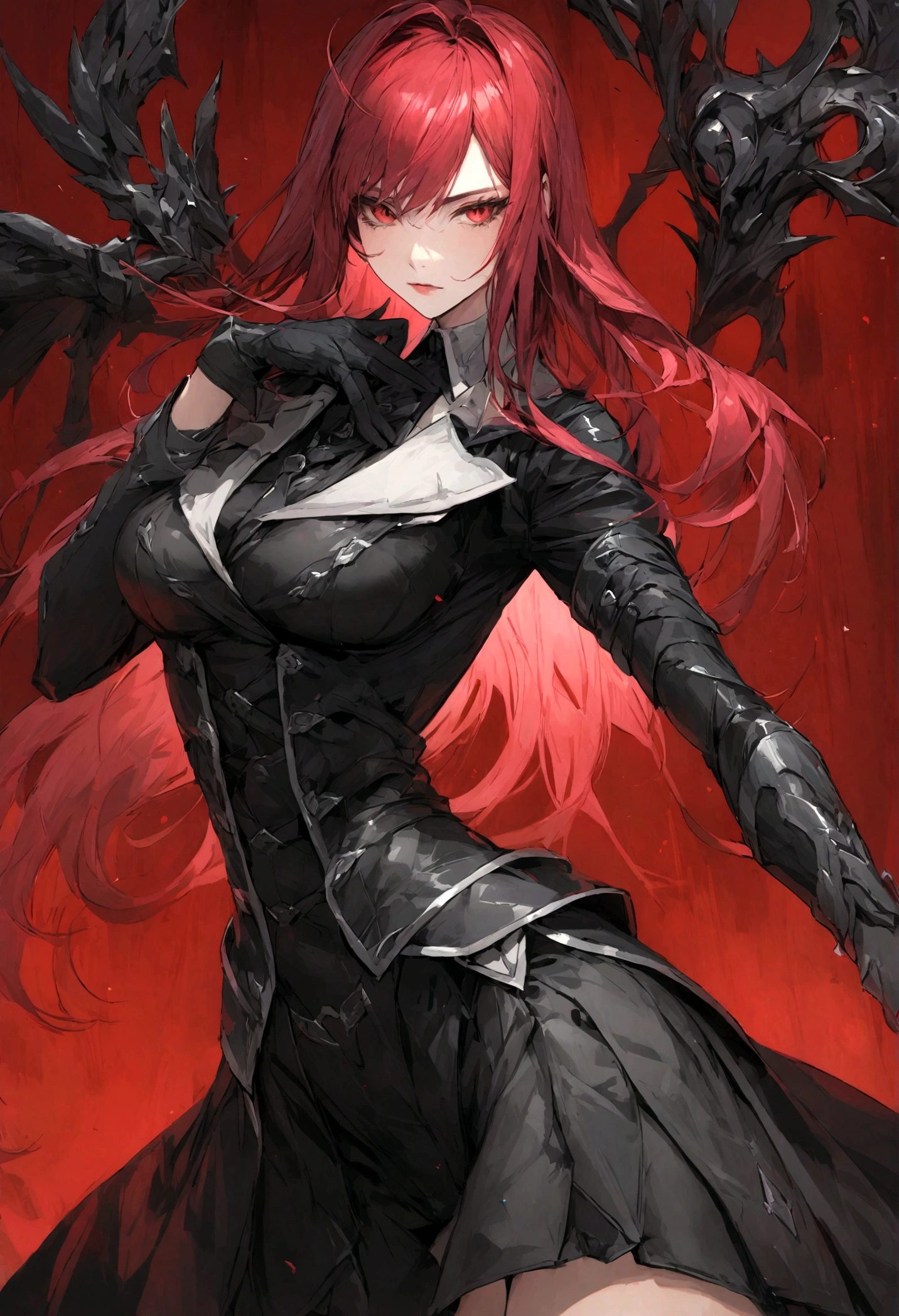 (masterpiece, best quality) an adult woman with very long red hair, ((black feathers)), ((close)), neckline, ((hood)), black ribbons, red leather, (profile picture), black bows, bodysuit, cold look, queen, good anatomy, correct proportions, torn clothes, queen, yellow eyes, serious, mysterious appearance, blood, emotionless, straight bangs, very long red hair, evil, (yellow eyes), gothic,  medium chest, ((show from chest to head)), cinematics, color oil painting, solo, cinematic lighting, extremely detailed face, finely detailed face, beautiful face, beautiful eyes, perfect lighting, depth of field, realistic proportions, good anatomy