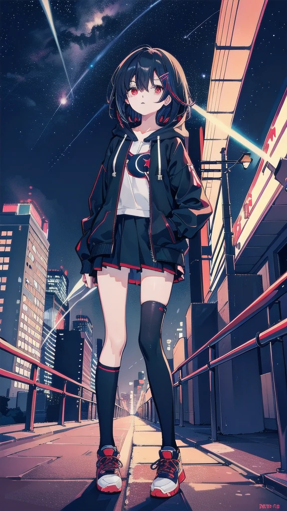 zettai ryouiki, Hoodie,short hair, Black hair, Flat chest, 1girl and 1cat Red eyes,s girl,hair pin,Solo,full body, highres,blue sky,City,Looking up at the shining star,Looking up at the sky,night,Starry Sky,Shining Milky Way,moon,