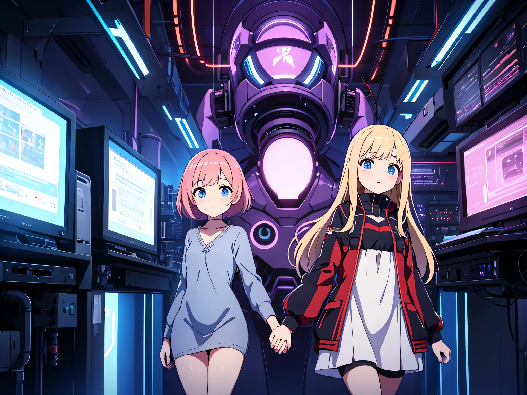 young and mature mini dress anime girls looking concerned holding hands in dark scary laboratory as they approach a large ancient robot connected to many high-tech mainframes, 8k high detail, atmospheric 