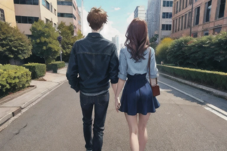 Boyfriend and girlfriend seen from behind, 18-year-old、City front ,Casual clothes,Good friends couple, 8K view,No blur,Realistic,