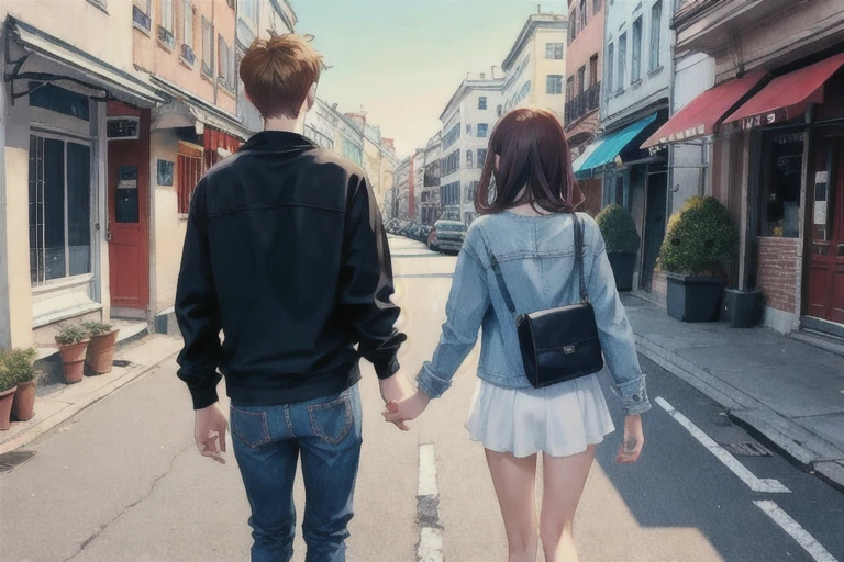 Boyfriend and girlfriend seen from behind, 18-year-old、City front ,Casual clothes,Good friends couple, 8K view,No blur,Realistic,