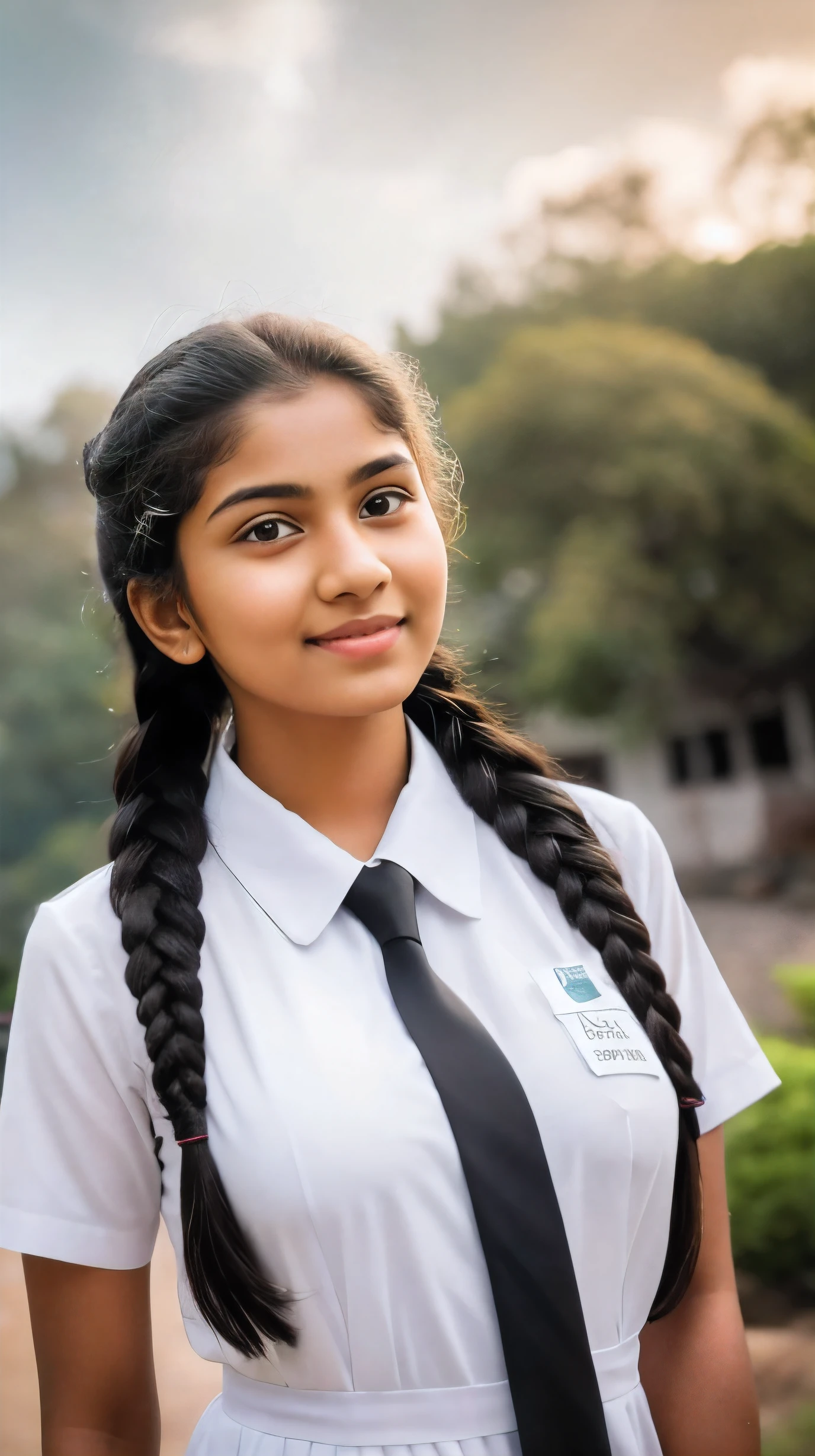 Raw photo , don't close up, 1 girl  ,Wearing white frock and color tie, white shoes ,sri lanka teen school girl, with plait, stand in the ground big breasts, sexy , professional photographer, (hdr:1.4), masterpiece, ultra-realistic 8k, perfect artwork, intrincate details, cute face, award winning photograph, (Best quality, 8k, 32k, Masterpiece, UHD:1.3) , biggest boob, big ass, without closeup 