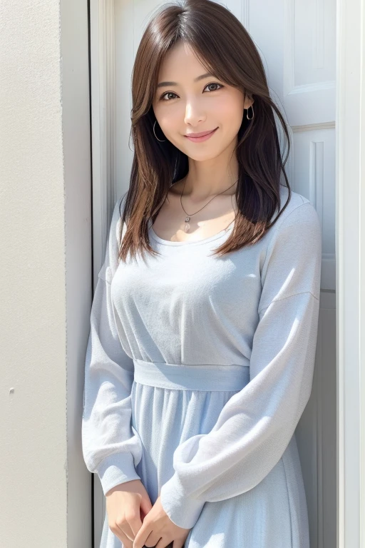 (Highly realistic photos, High resolution, Detailed face, Fine Eyes), Japanese women, 40 years old, big smile , alone:1, Slim figure, Various Hair Styles, Casual clothing, one in the photo、Long sleeve dress、Photographed in natural light、White wall、In front of a white door、(窓のあるWhite wallの部屋)、Simple Necklace、Spring Clothes、Don't look at the camera、profile、Dark brown hair color