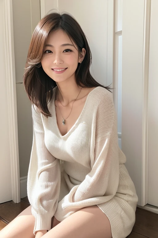 (Highly realistic photos, High resolution, Detailed face, Fine Eyes), Japanese women, 40 years old,  big smile , alone:1, Slim figure, Various Hair Styles, Casual clothing, one in the photo、Long sleeve dress、Photographed in natural light、White wall、In front of a white door、(窓のあるWhite wallの部屋)、Simple Necklace、Spring Clothes、Don&#39;t look at the camera、profile、Dark brown hair color