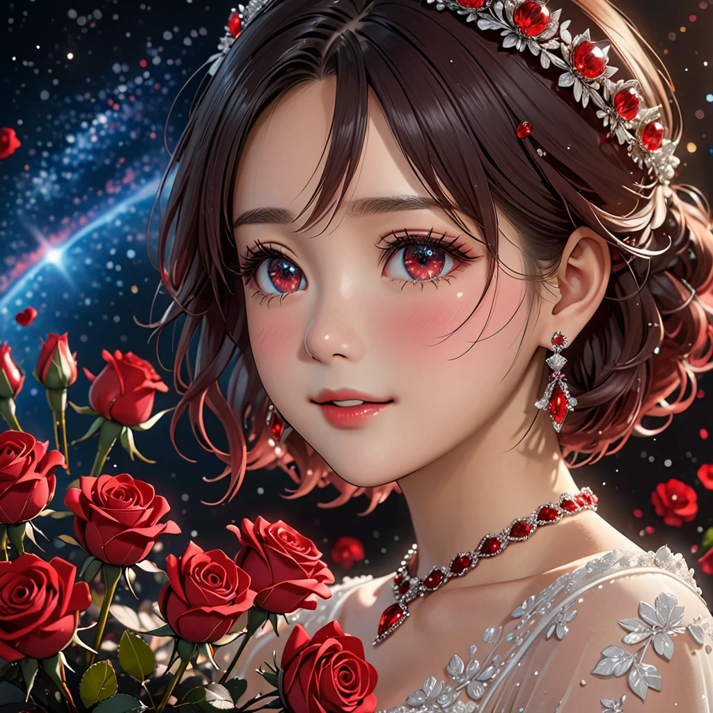 National Science Foundation,masterpiece,High resolution,8K,Art,digit,Three-dimensional,Realism,Kyoto Animation Style,your name movie style,cute,baby face,look into camera,Complex red rose flower background,(1 female: 1.3),(alone: 1.4),(Gorgeous sparkling black wedding dress),(Red Swarovski crystals on wedding dress),Gorgeous red crystal crown,Red crystal necklace,red crystal earrings,Red crystal ring,Hand holding bouquet of red roses,Long eyelashes,Long thin legs,Short Bob,Close-up of upper body,Close-up,Close up,Starry sky at night,Eyes as deep as the starry sky,blush,shy,Crying because of happiness