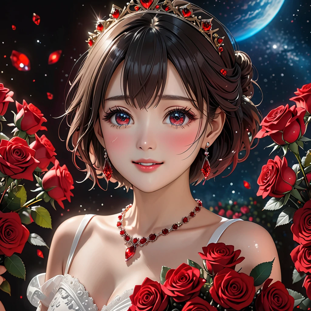 National Science Foundation,masterpiece,High resolution,8K,Art,digit,Three-dimensional,Realism,Kyoto Animation Style,your name movie style,cute,baby face,look into camera,Complex red rose flower background,(1 female: 1.3),(alone: 1.4),(Gorgeous sparkling black wedding dress),(Red Swarovski crystals on wedding dress),Gorgeous red crystal crown,Red crystal necklace,red crystal earrings,Red crystal ring,Hand holding bouquet of red roses,Long eyelashes,Long thin legs,Short Bob,Close-up of upper body,Close-up,Close up,Starry sky at night,Eyes as deep as the starry sky,blush,shy,Crying because of happiness